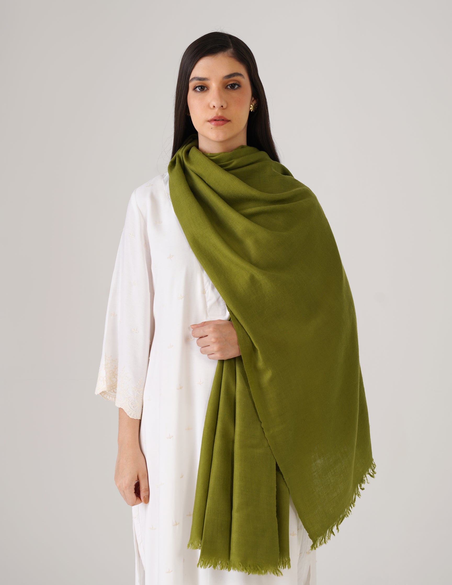 Kashmiri Handwoven Solid Cashmere Pashmina Shawl – Olive Green | Handwoven Heritage - Kashmir Box