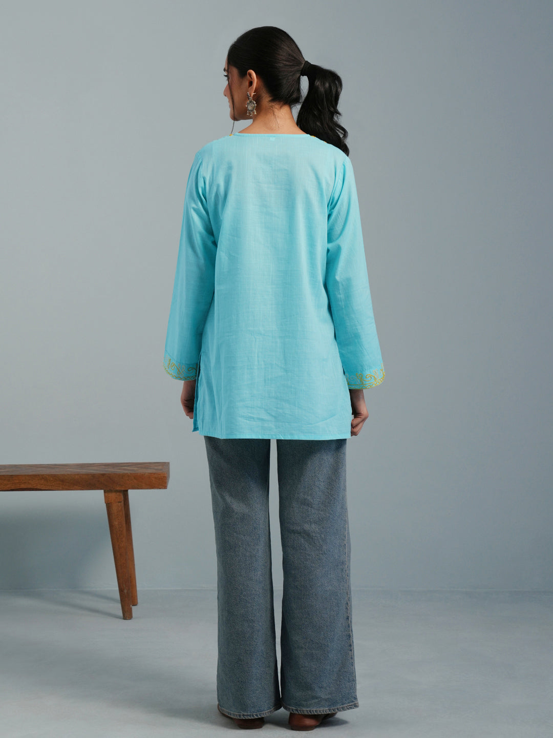 Sky Blue Kashmiri Aari Embroidered Rayon Kurta