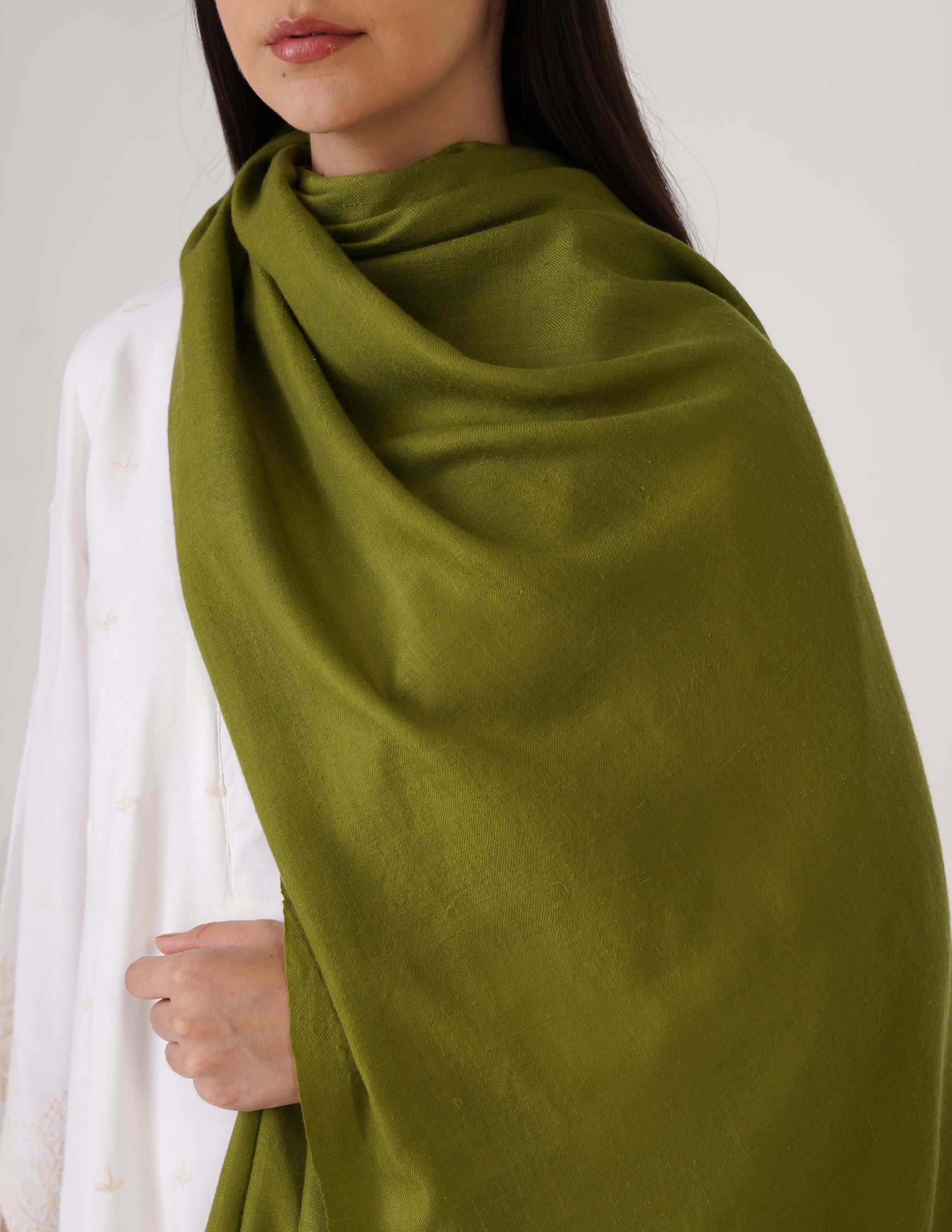 Kashmiri Handwoven Pashmina Reversible Stole – Olive Green & White Asparagus | Handwoven Heritage - Kashmir Box