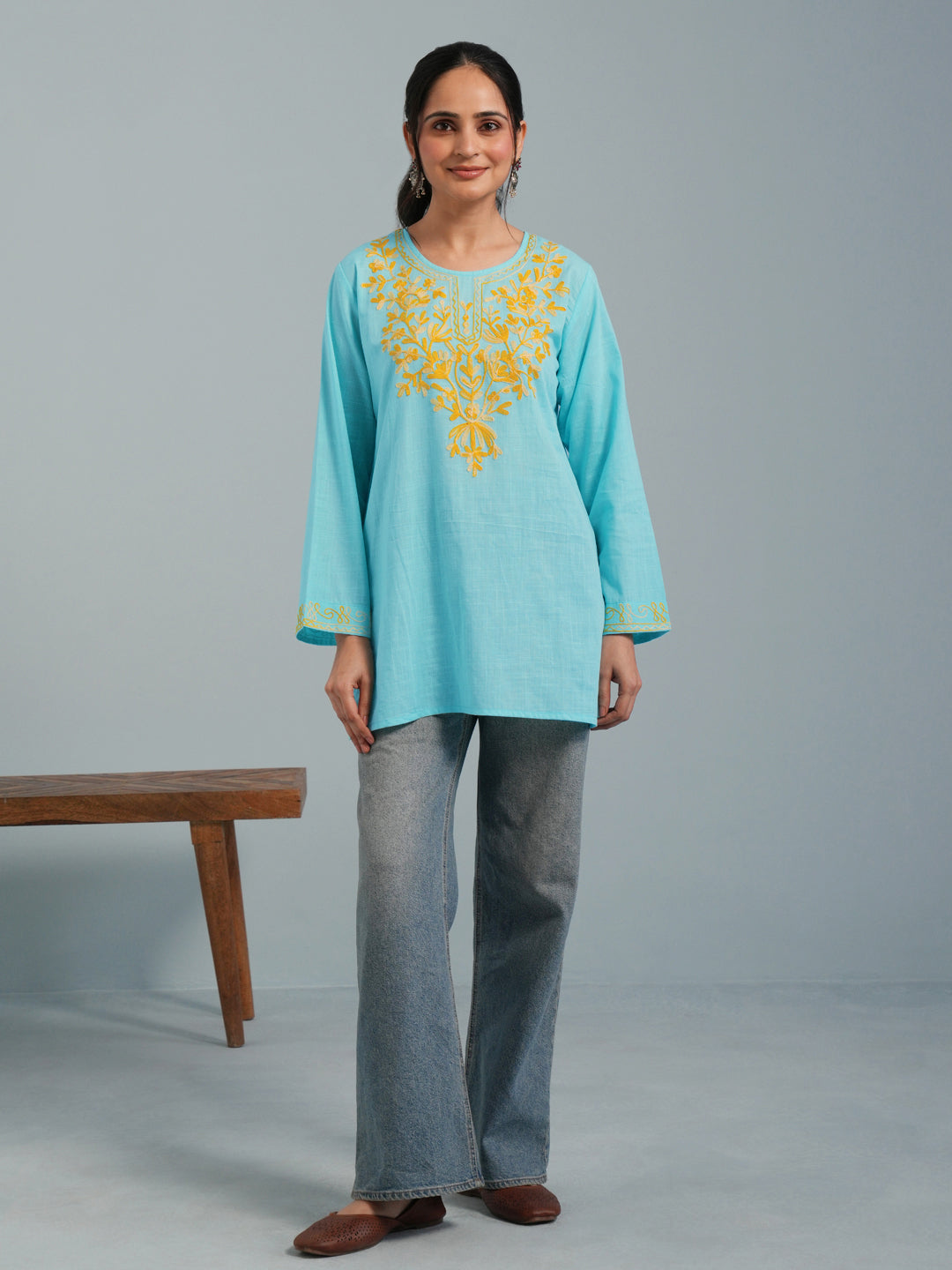 Sky Blue Kashmiri Aari Embroidered Rayon Kurta