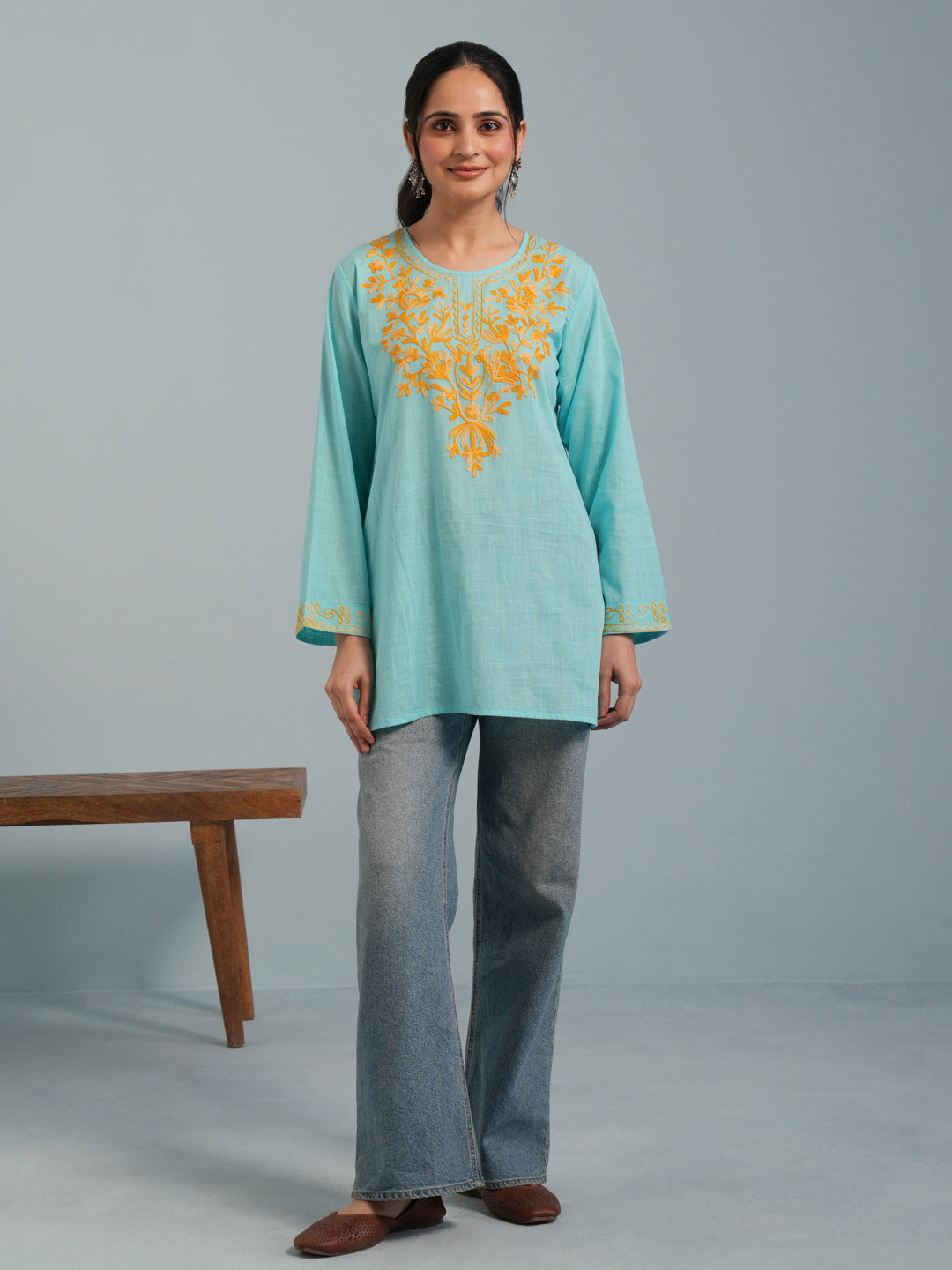 Sky Blue Kashmiri Aari Embroidered Rayon Kurta