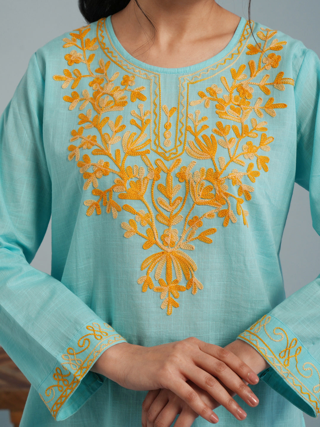 Sky Blue Kashmiri Aari Embroidered Rayon Kurta