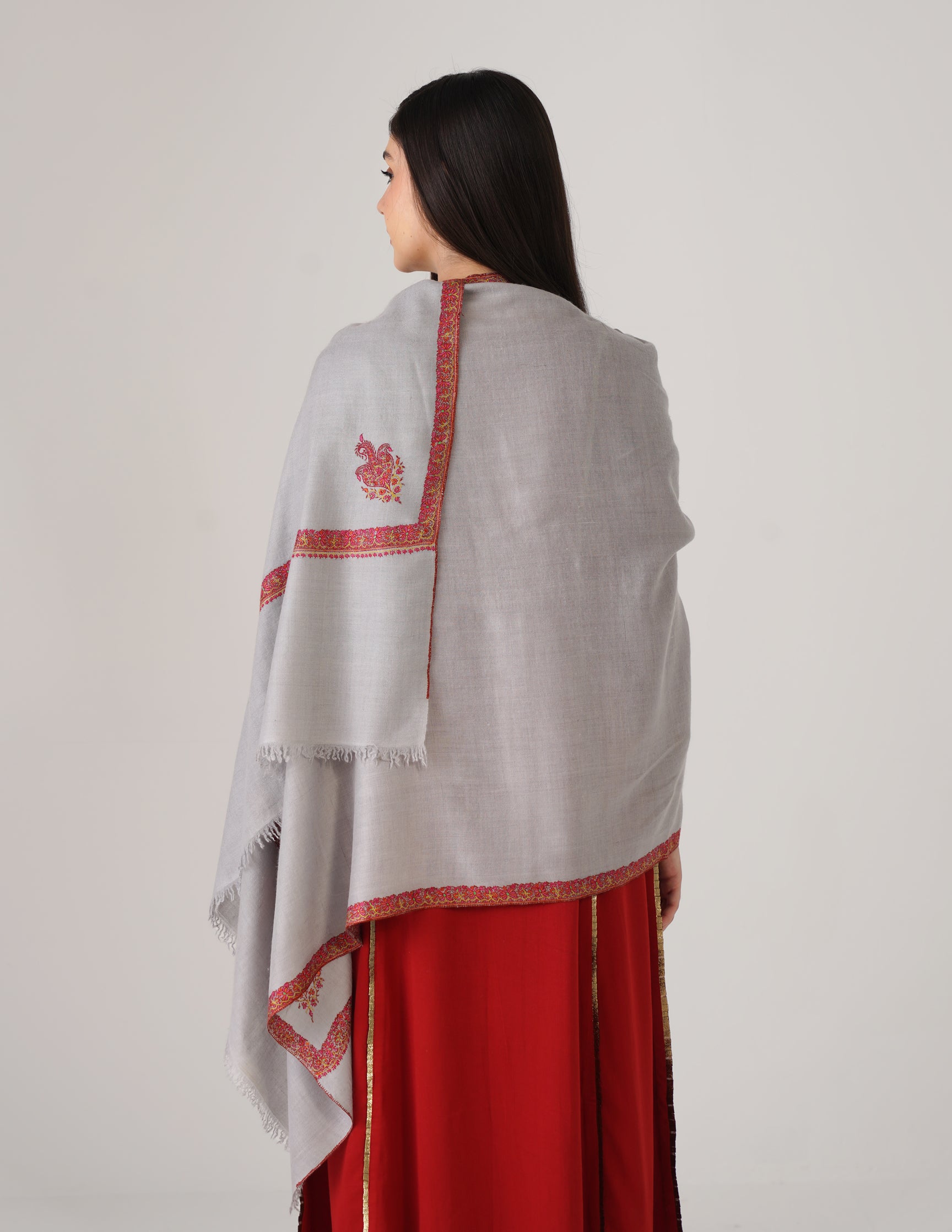 Kashmiri Handwoven Pashmina Sozni Stole Hashidaar – Silver Grey | Handwoven Heritage - Kashmir Box