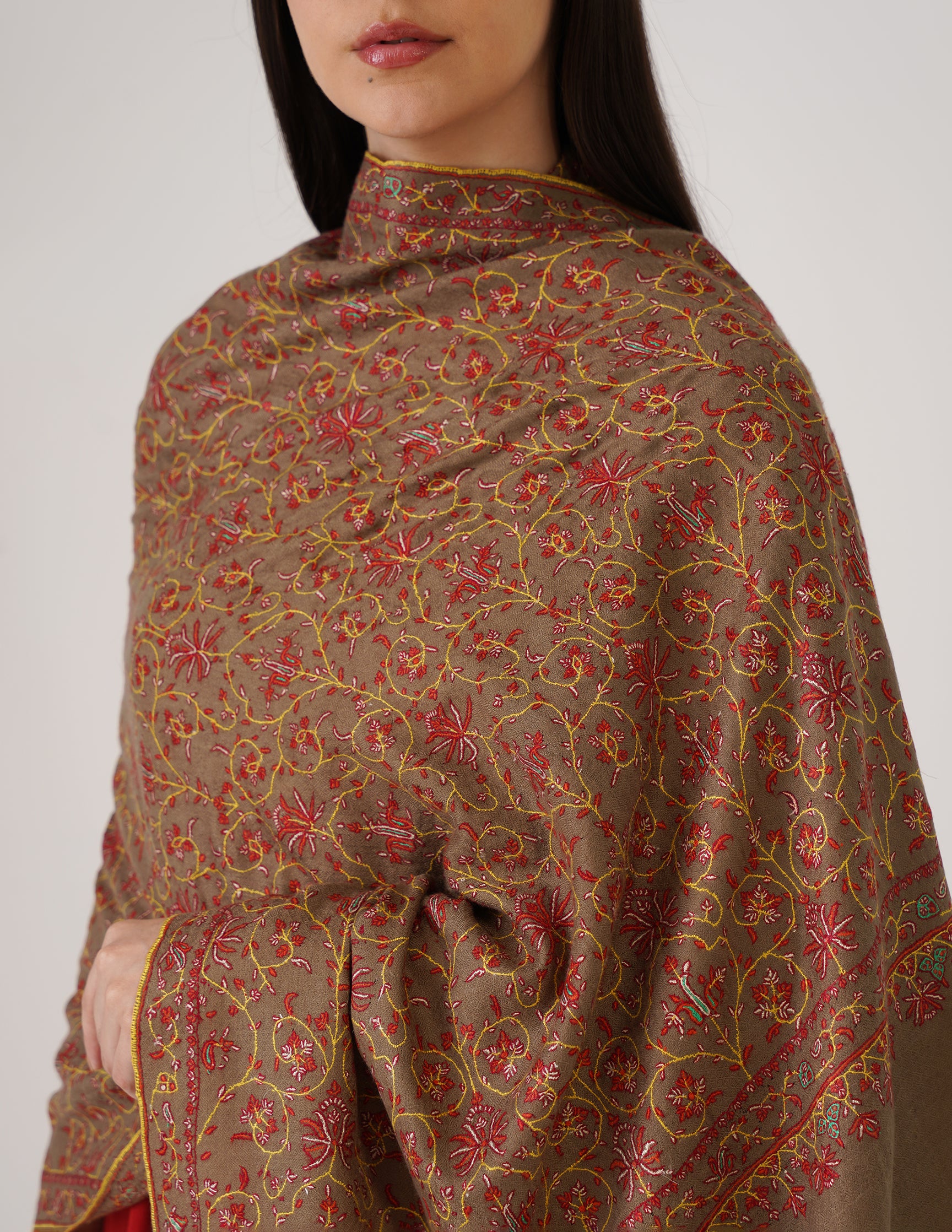 Kashmiri Handwoven Pashmina Sozni Stole Jaalidar – Royal Taupe | Handwoven Heritage | GI Certified - Kashmir Box