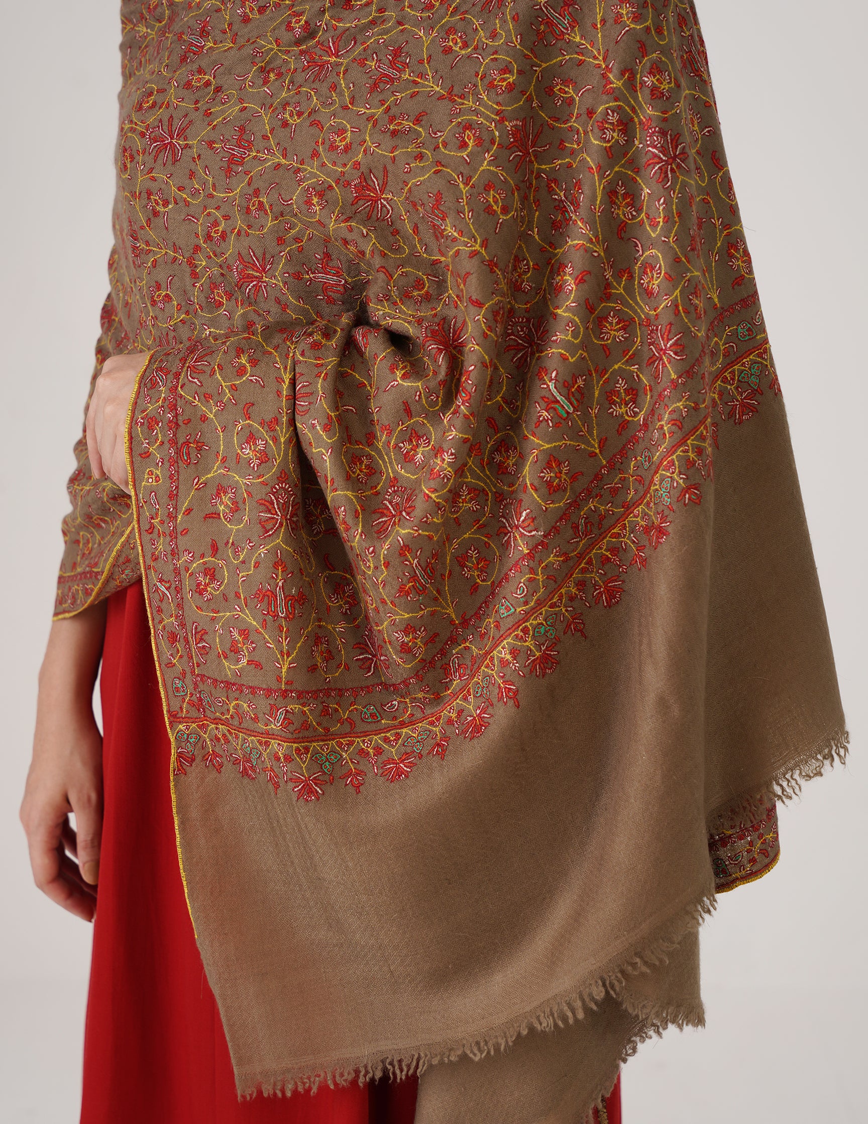 Kashmiri Handwoven Pashmina Sozni Stole Jaalidar – Royal Taupe | Handwoven Heritage | GI Certified - Kashmir Box