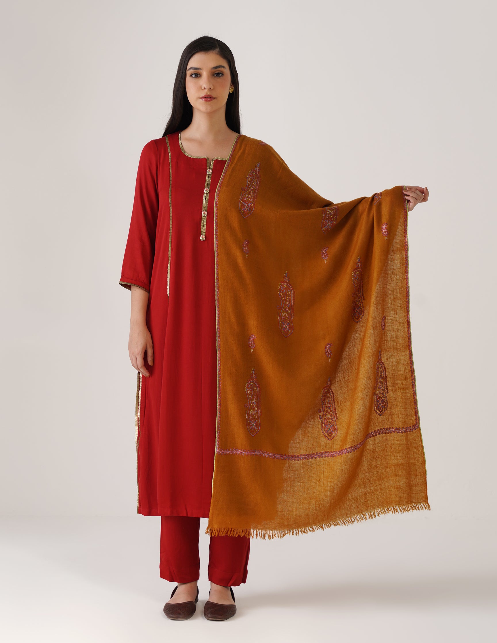 Kashmiri Handwoven Pashmina Sozni Stole Bootidar – Mustard | Handwoven Heritage - Kashmir Box