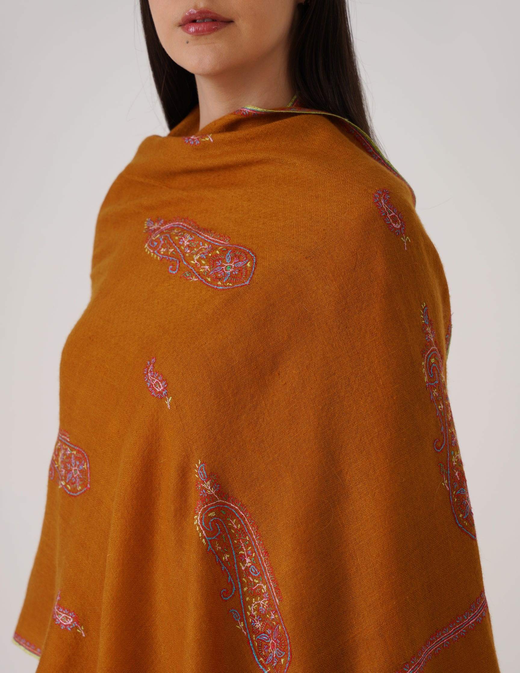 Kashmiri Handwoven Pashmina Sozni Stole Bootidar – Mustard | Handwoven Heritage - Kashmir Box