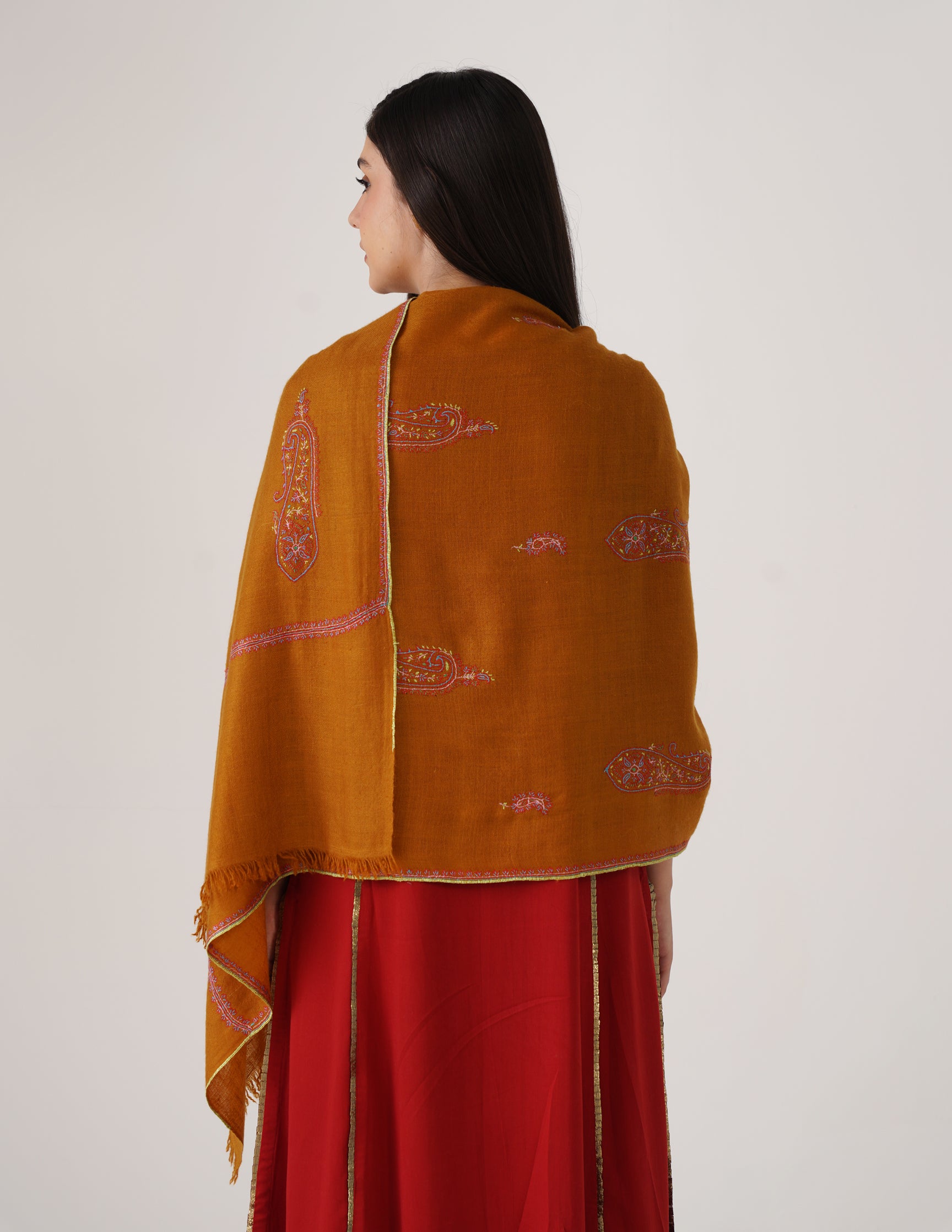 Kashmiri Handwoven Pashmina Sozni Stole Bootidar – Mustard | Handwoven Heritage - Kashmir Box