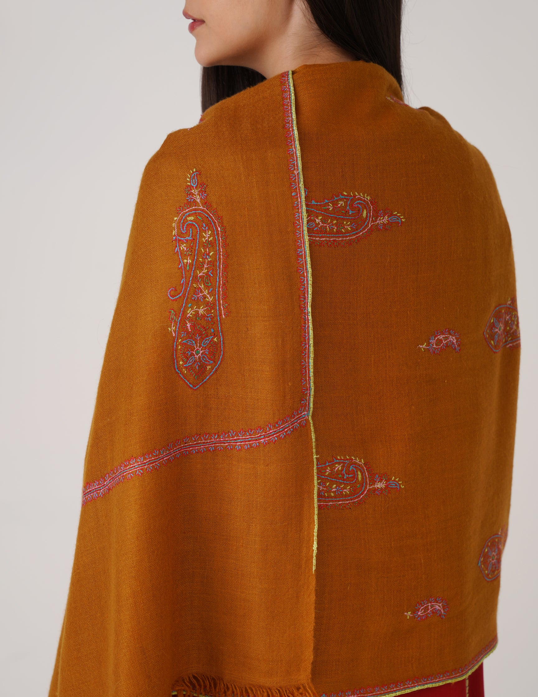 Kashmiri Handwoven Pashmina Sozni Stole Bootidar – Mustard | Handwoven Heritage - Kashmir Box