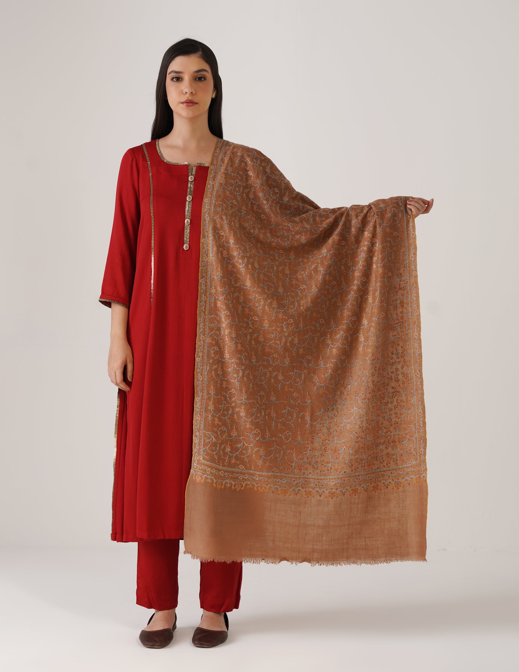 Kashmiri Handwoven Pashmina Sozni Stole Heavy Jaalidar – Tobacco Brown | Handwoven Heritage - Kashmir Box