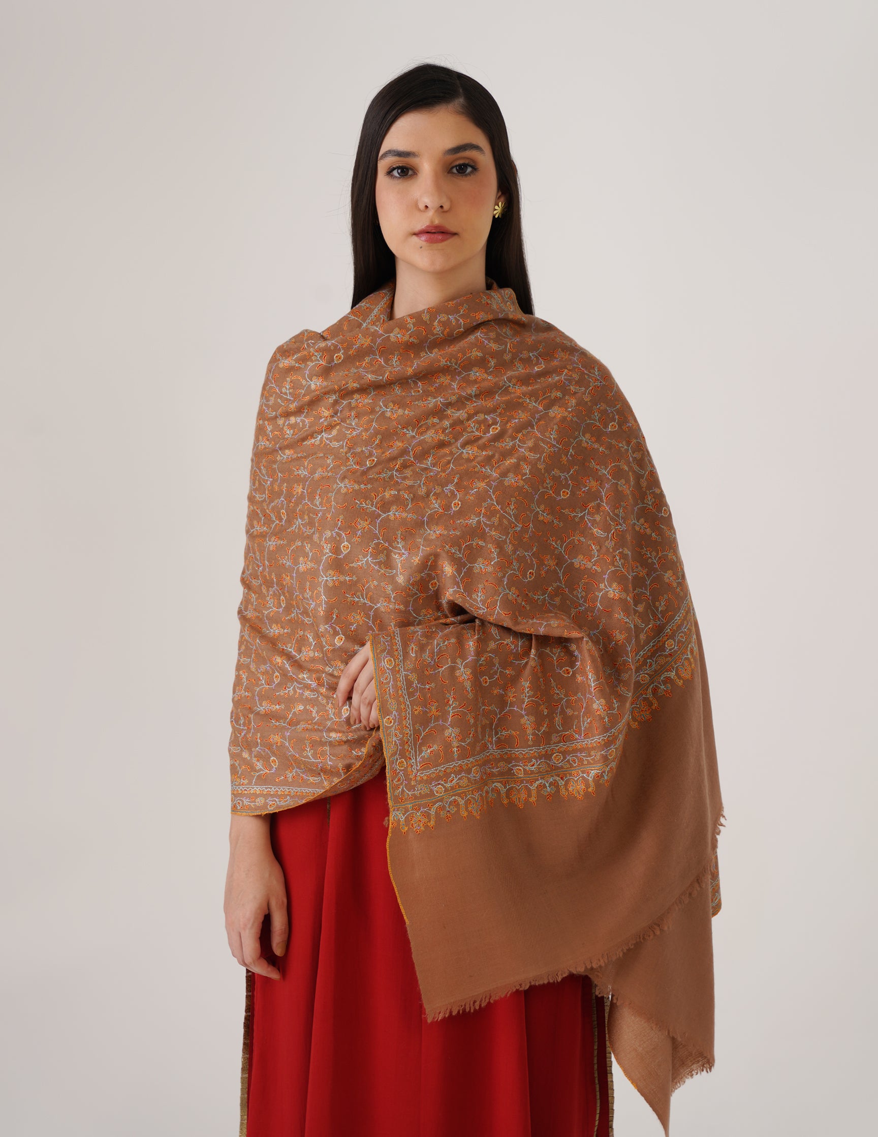 Kashmiri Handwoven Pashmina Sozni Stole Heavy Jaalidar – Tobacco Brown | Handwoven Heritage - Kashmir Box