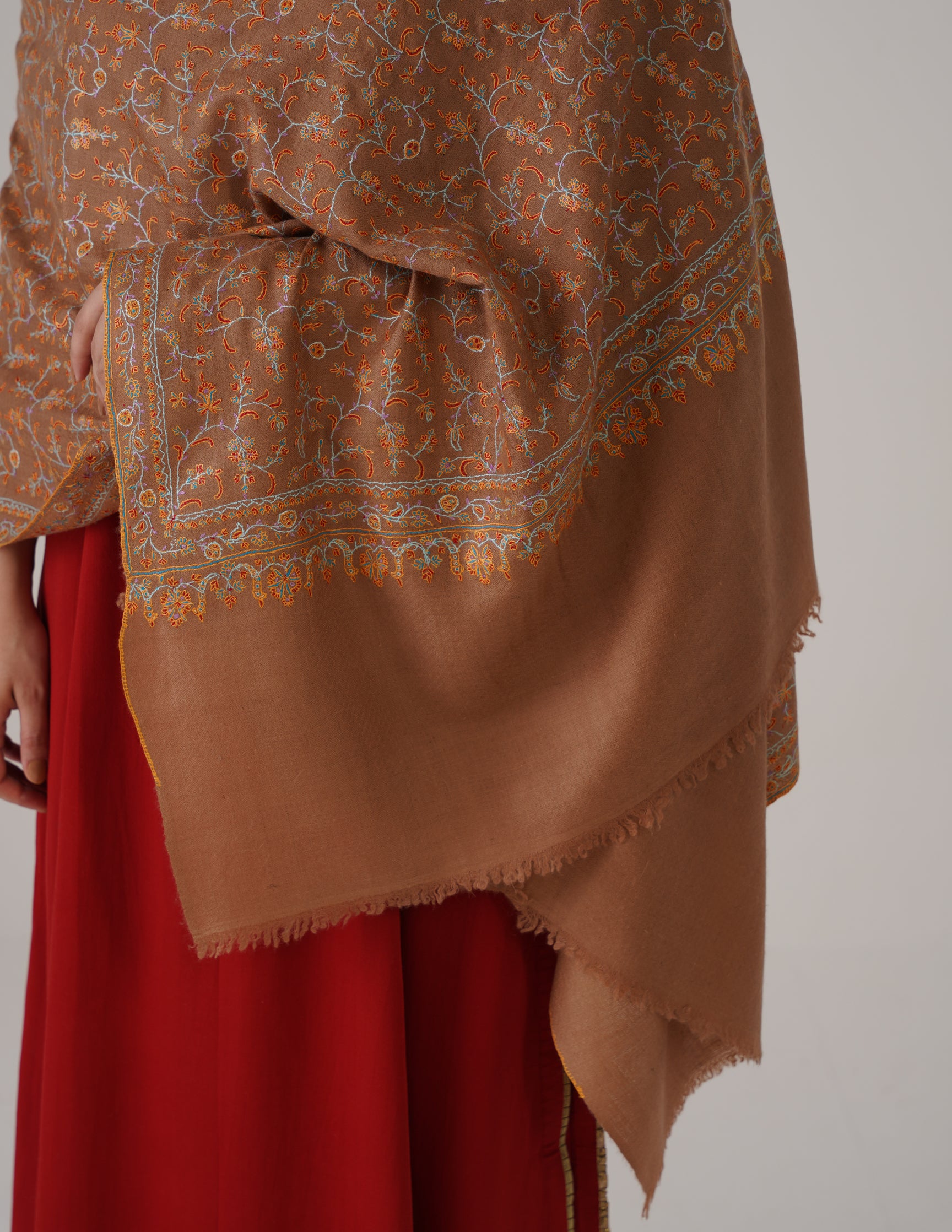 Kashmiri Handwoven Pashmina Sozni Stole Heavy Jaalidar – Tobacco Brown | Handwoven Heritage - Kashmir Box