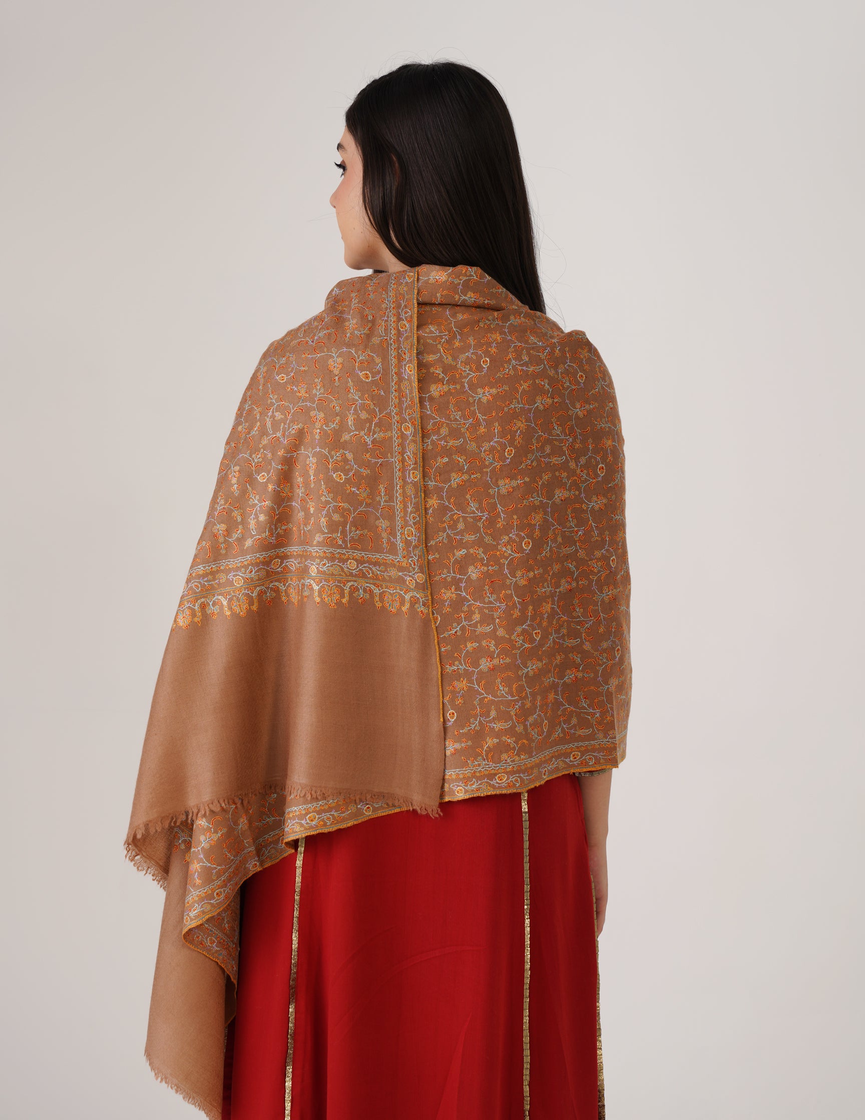 Kashmiri Handwoven Pashmina Sozni Stole Heavy Jaalidar – Tobacco Brown | Handwoven Heritage - Kashmir Box