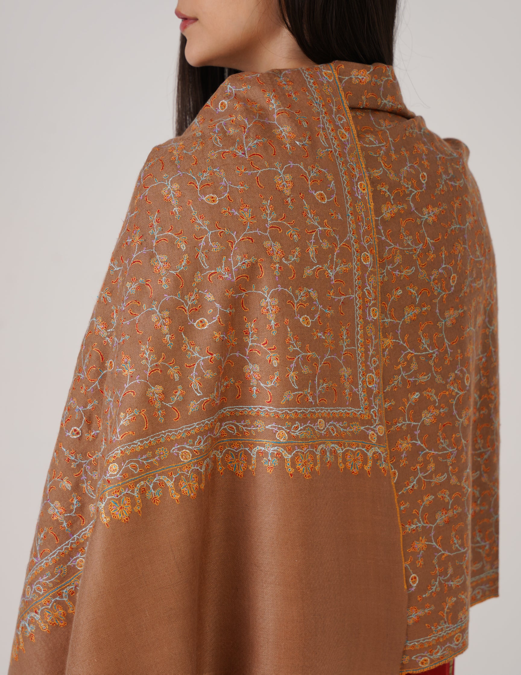 Kashmiri Handwoven Pashmina Sozni Stole Heavy Jaalidar – Tobacco Brown | Handwoven Heritage - Kashmir Box