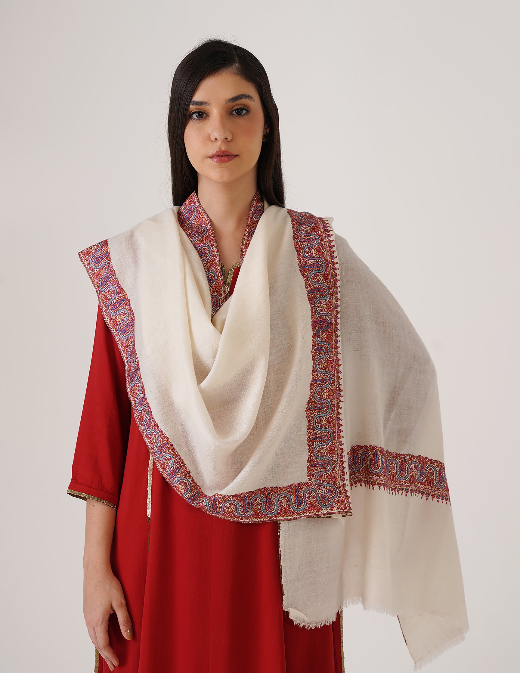 Kashmiri Handwoven Pashmina Sozni Stole Neemdore – Off White | Handwoven Heritage - Kashmir Box