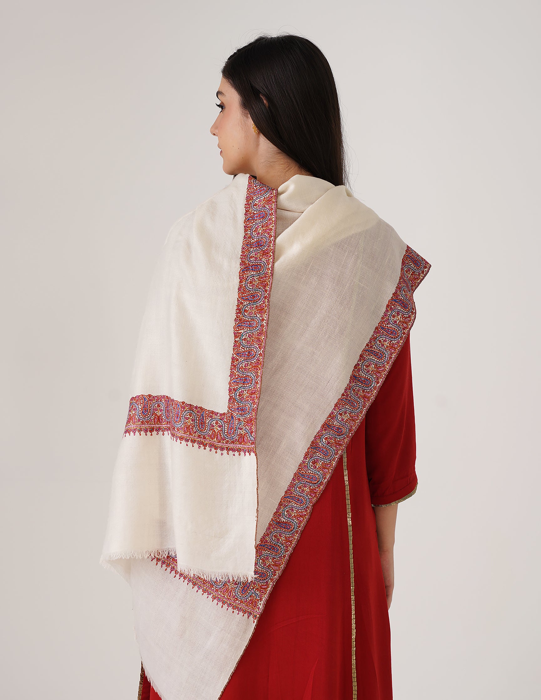 Kashmiri Handwoven Pashmina Sozni Shawl Neemdore – White | Handwoven Heritage | GI Certified - Kashmir Box