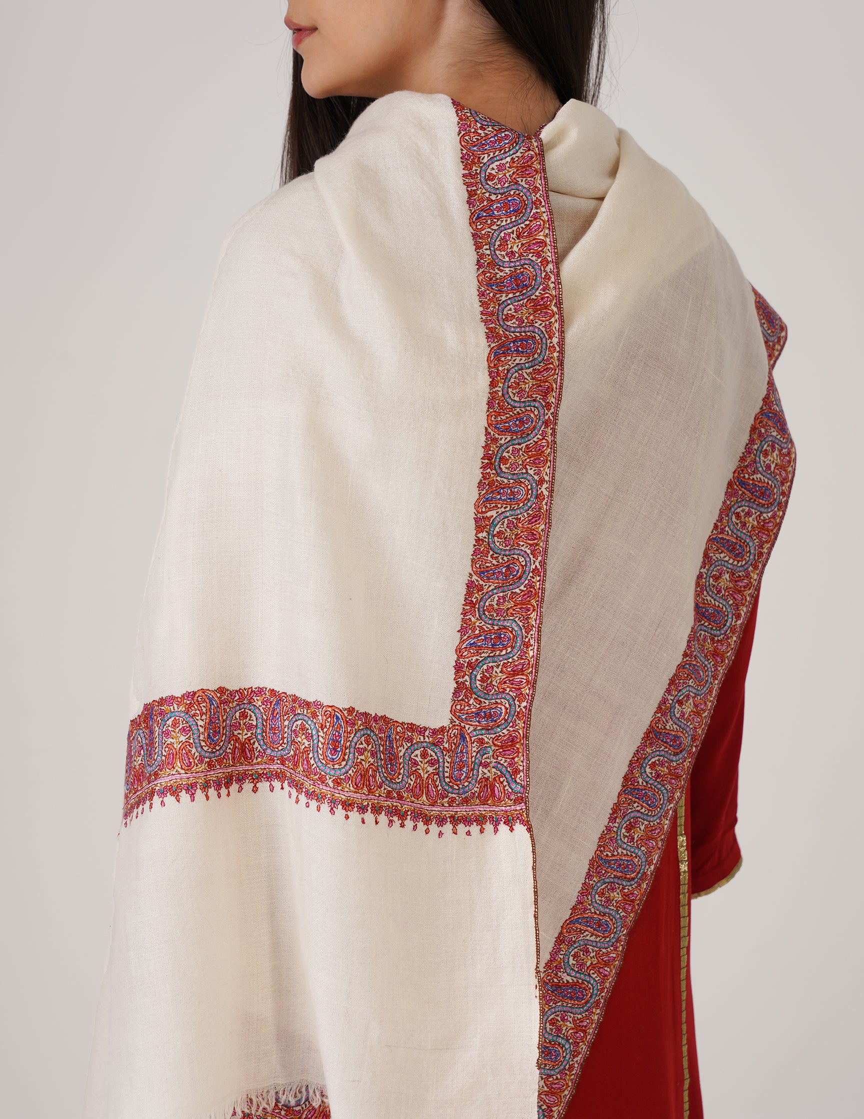 Kashmiri Handwoven Pashmina Sozni Stole Neemdore – Off White | Handwoven Heritage - Kashmir Box
