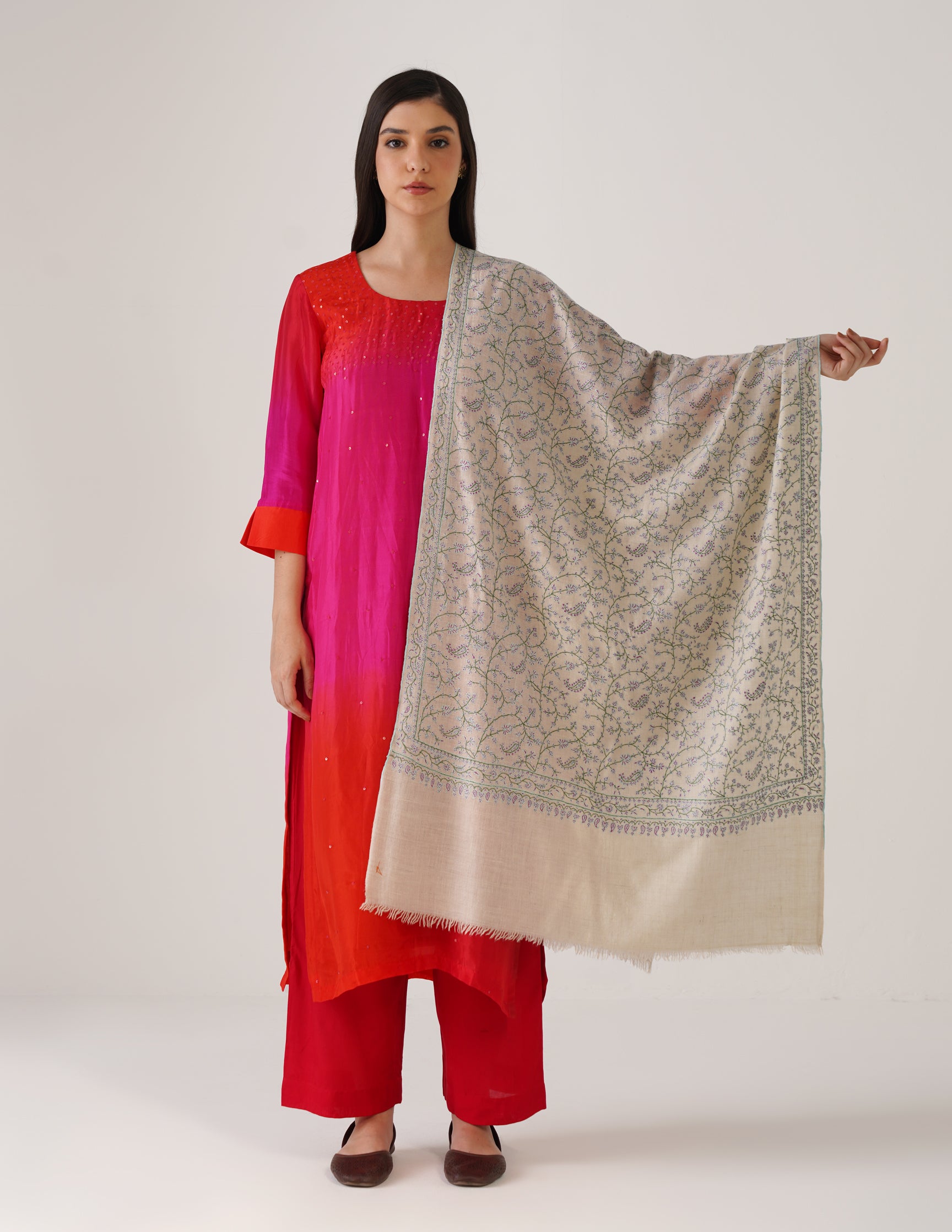 Kashmiri Handwoven Pashmina Sozni Stole Heavy Jaalidar – Off White | Handwoven Heritage - Kashmir Box