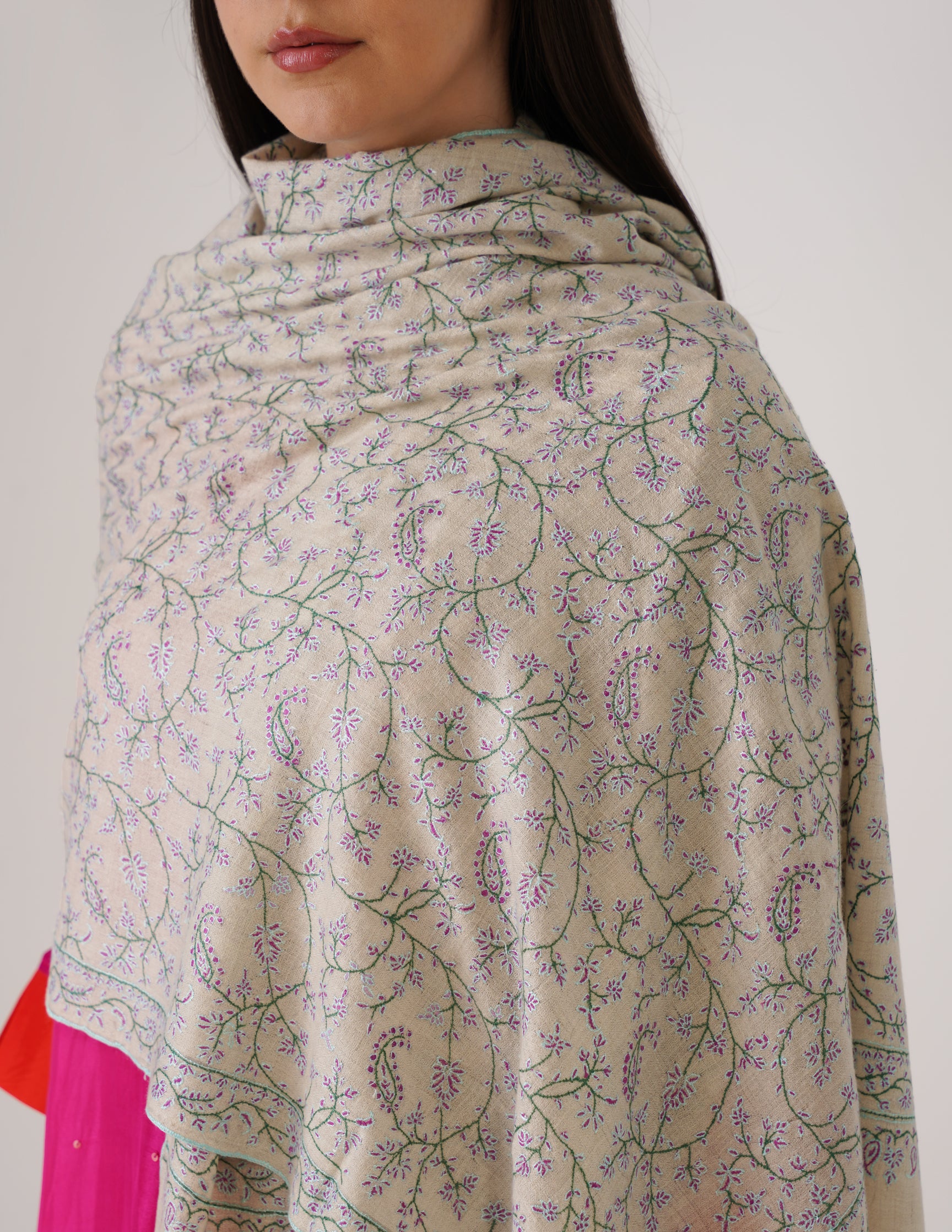 Kashmiri Handwoven Pashmina Sozni Stole Heavy Jaalidar – Off White | Handwoven Heritage - Kashmir Box