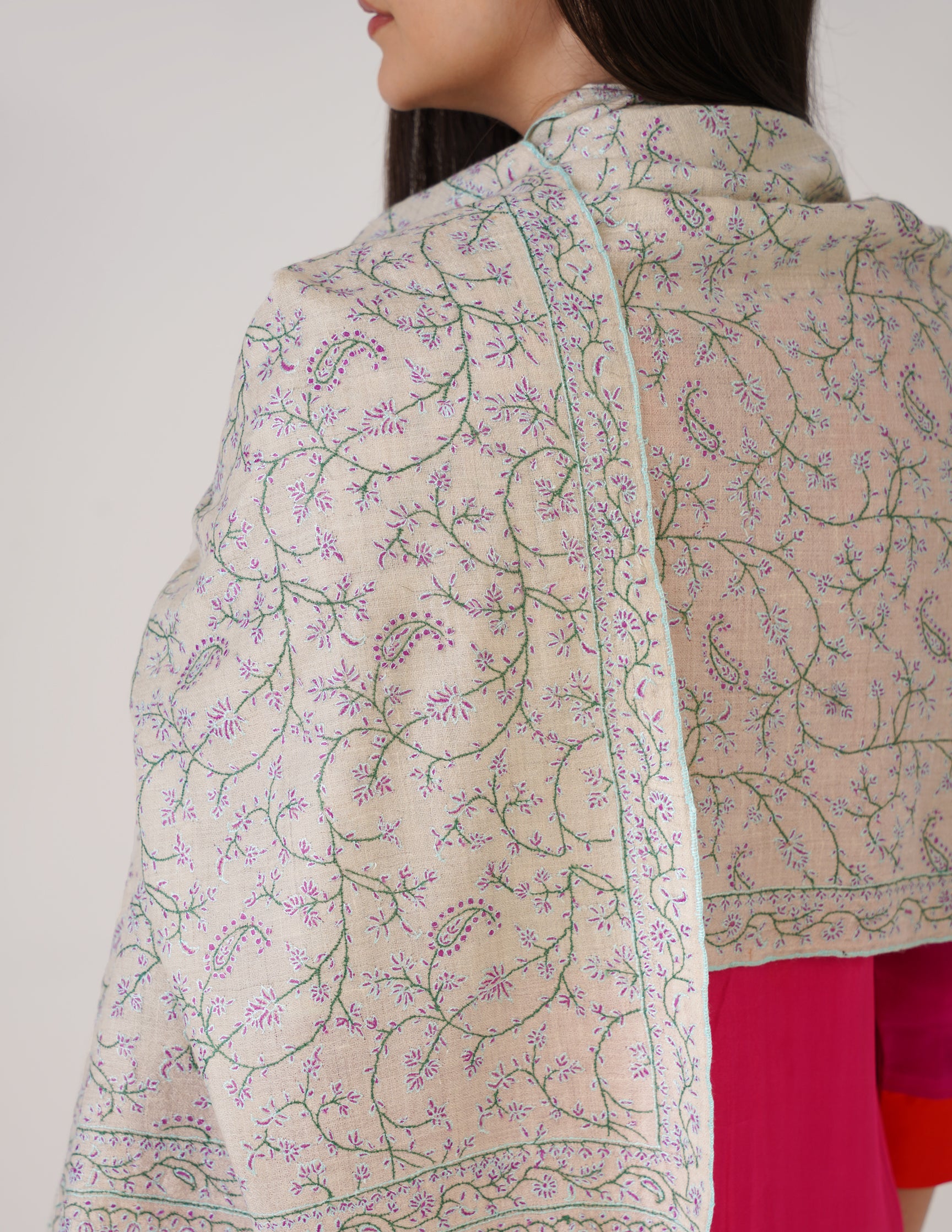 Kashmiri Handwoven Pashmina Sozni Stole Heavy Jaalidar – Off White | Handwoven Heritage - Kashmir Box