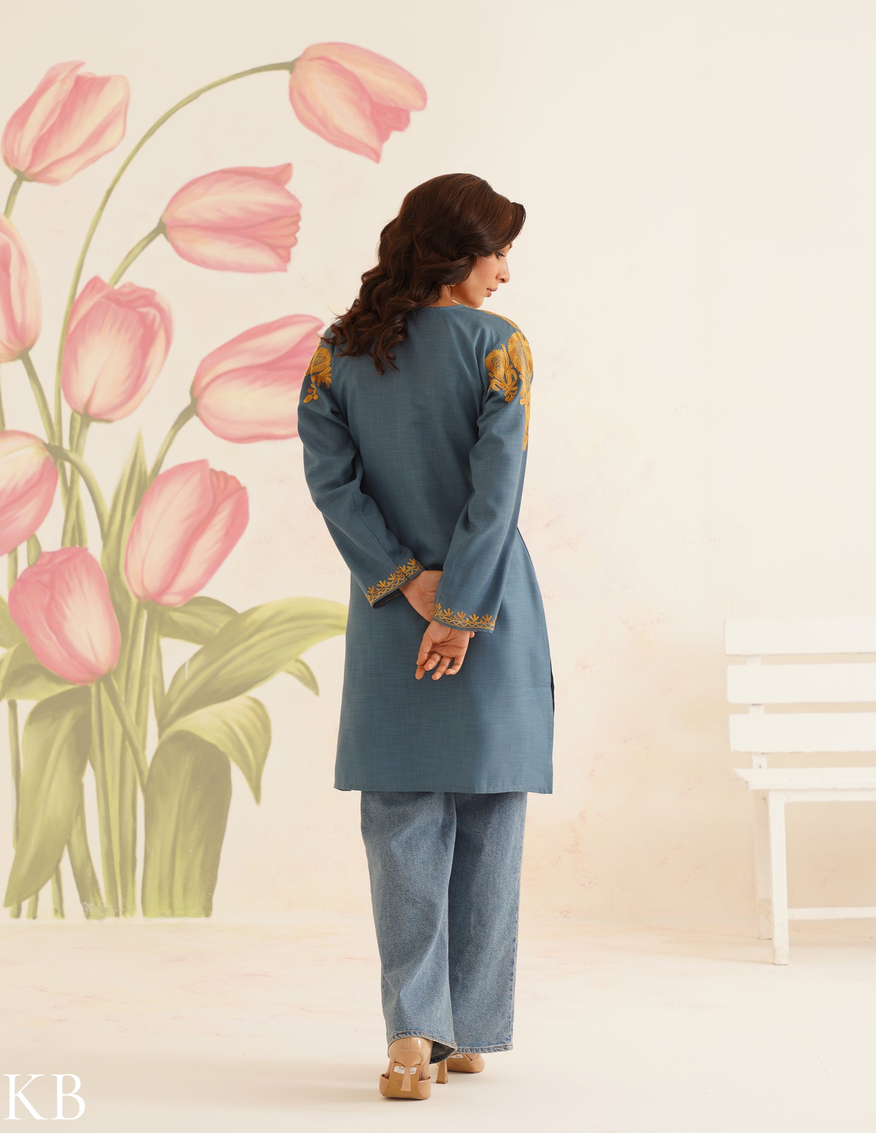 Teal Blue Cotton Kurti with Golden Kashmiri Aari Embroidery | AM to PM Wear | Bahaar Collection 2025 - Kashmir Box