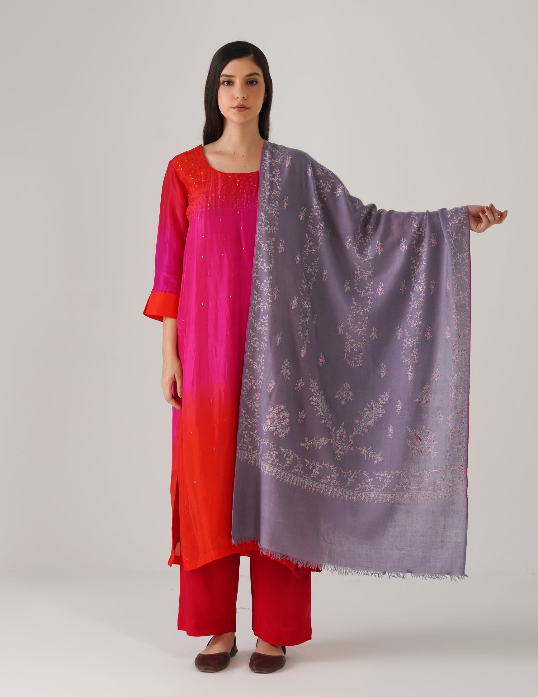 Kashmiri Handwoven Pashmina Sozni Stole Modern Design – Grey with White & Pink | Handwoven Heritage - Kashmir Box