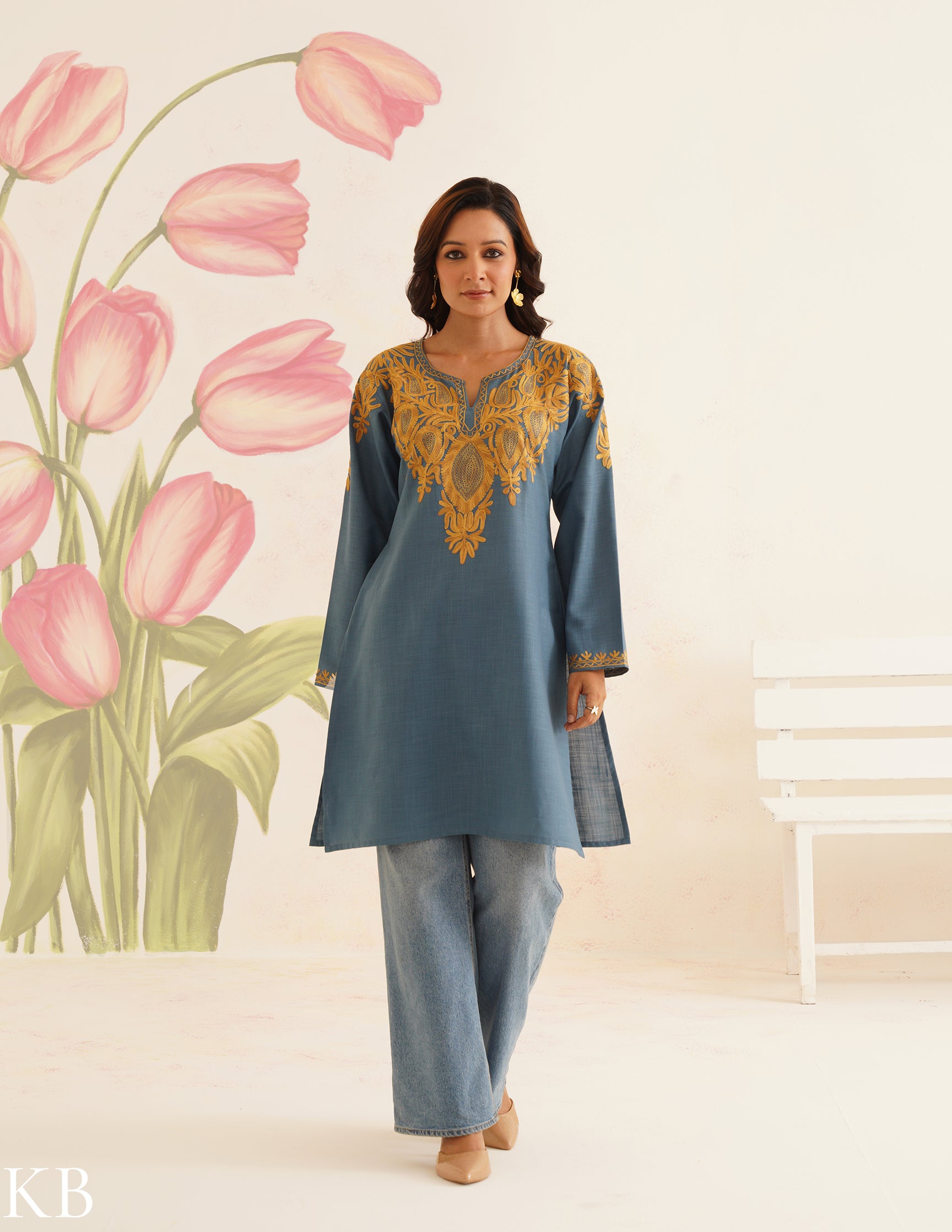 Teal Blue Cotton Kurti with Golden Kashmiri Aari Embroidery | AM to PM Wear | Bahaar Collection 2025 - Kashmir Box