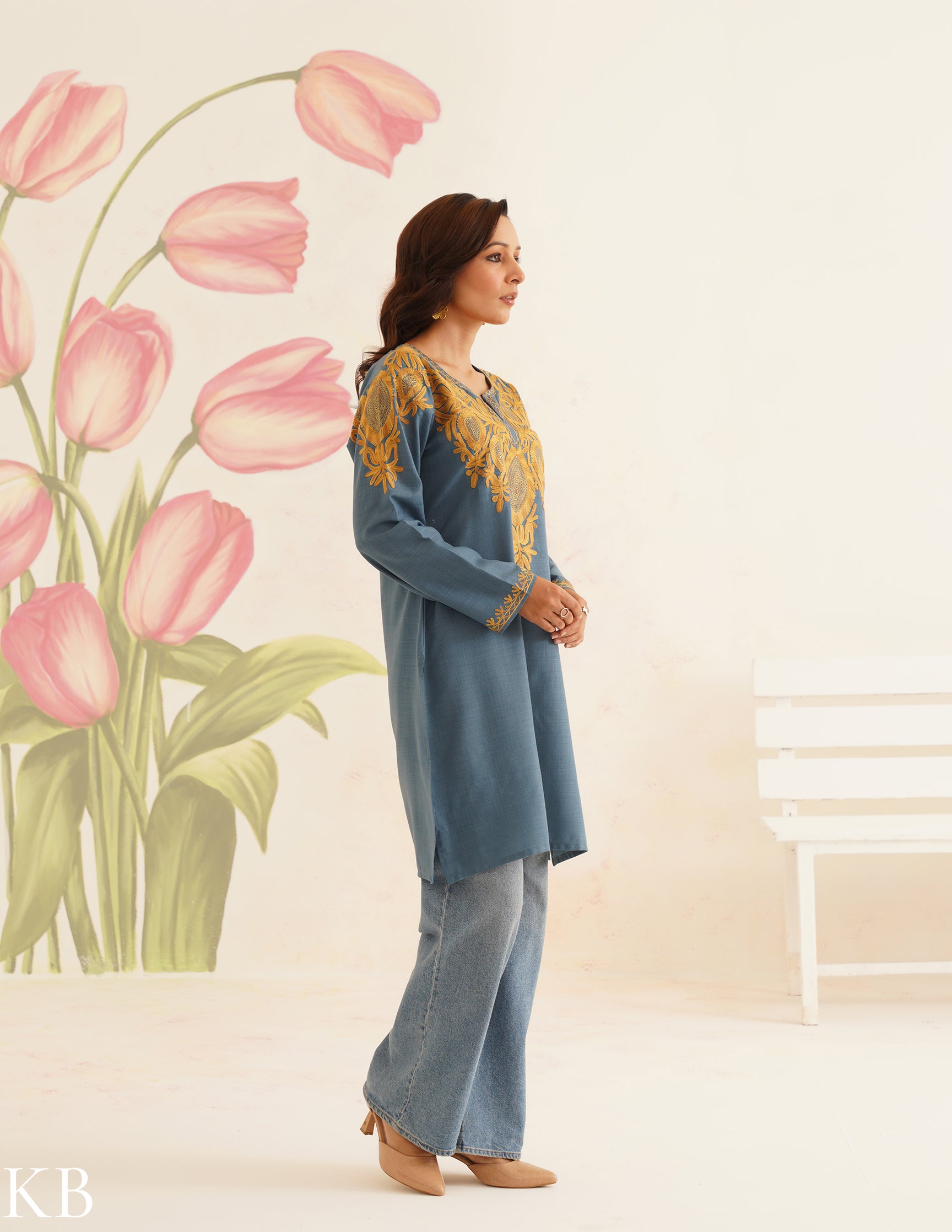 Teal Blue Cotton Kurti with Golden Kashmiri Aari Embroidery | AM to PM Wear | Bahaar Collection 2025 - Kashmir Box