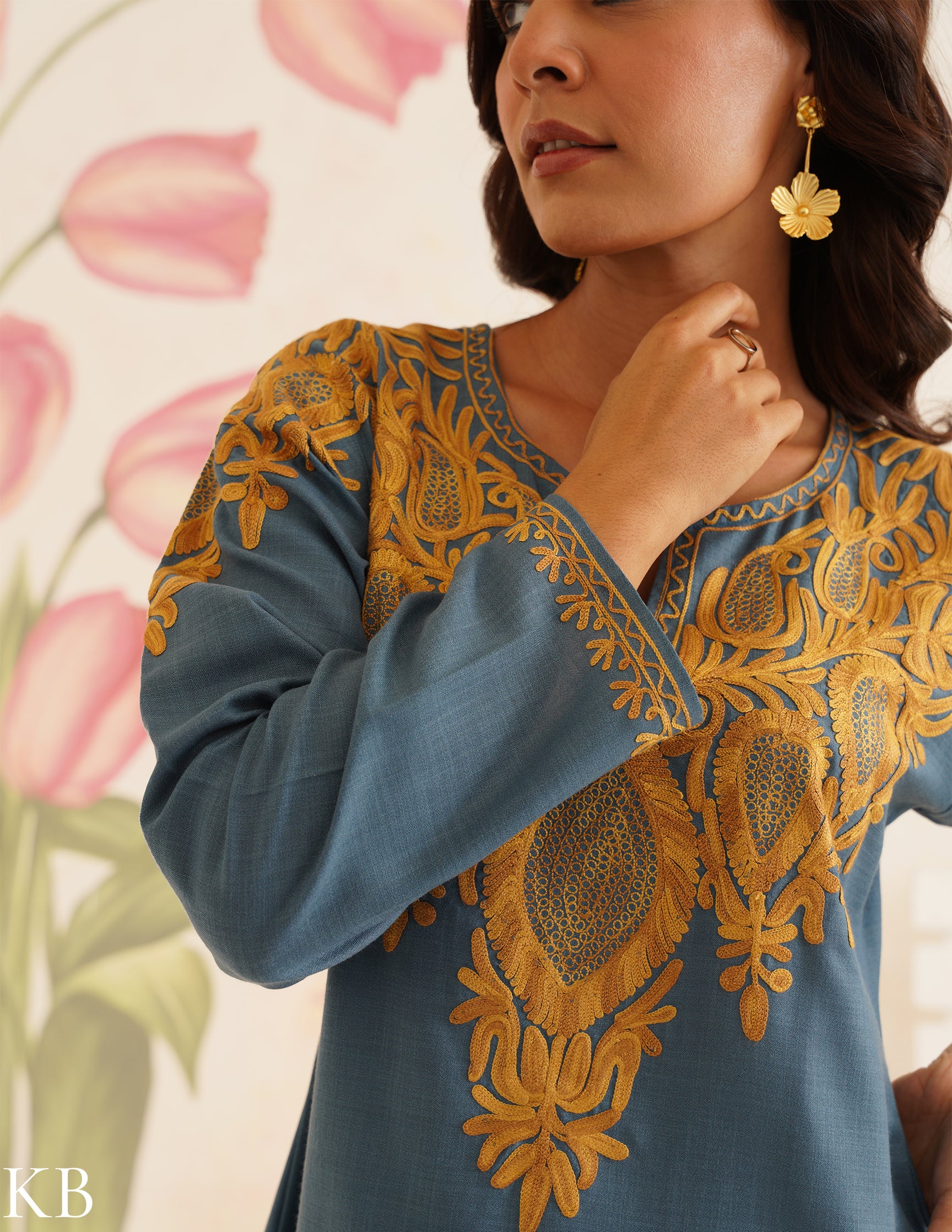 Teal Blue Cotton Kurti with Golden Kashmiri Aari Embroidery | AM to PM Wear | Bahaar Collection 2025 - Kashmir Box