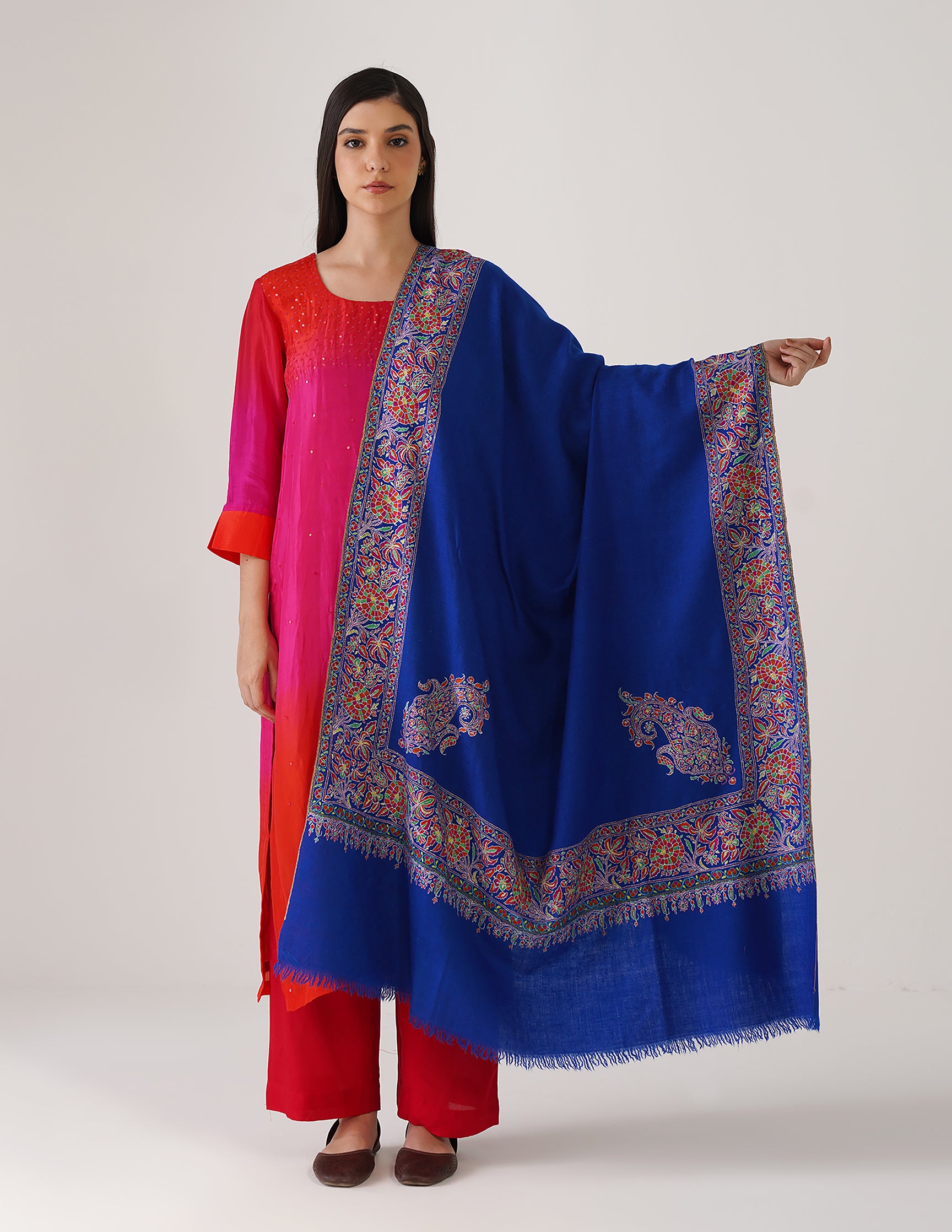 Kashmiri Handwoven Pashmina Sozni Shawl Doredaar – Blue | Handwoven Heritage | GI Certified - Kashmir Box