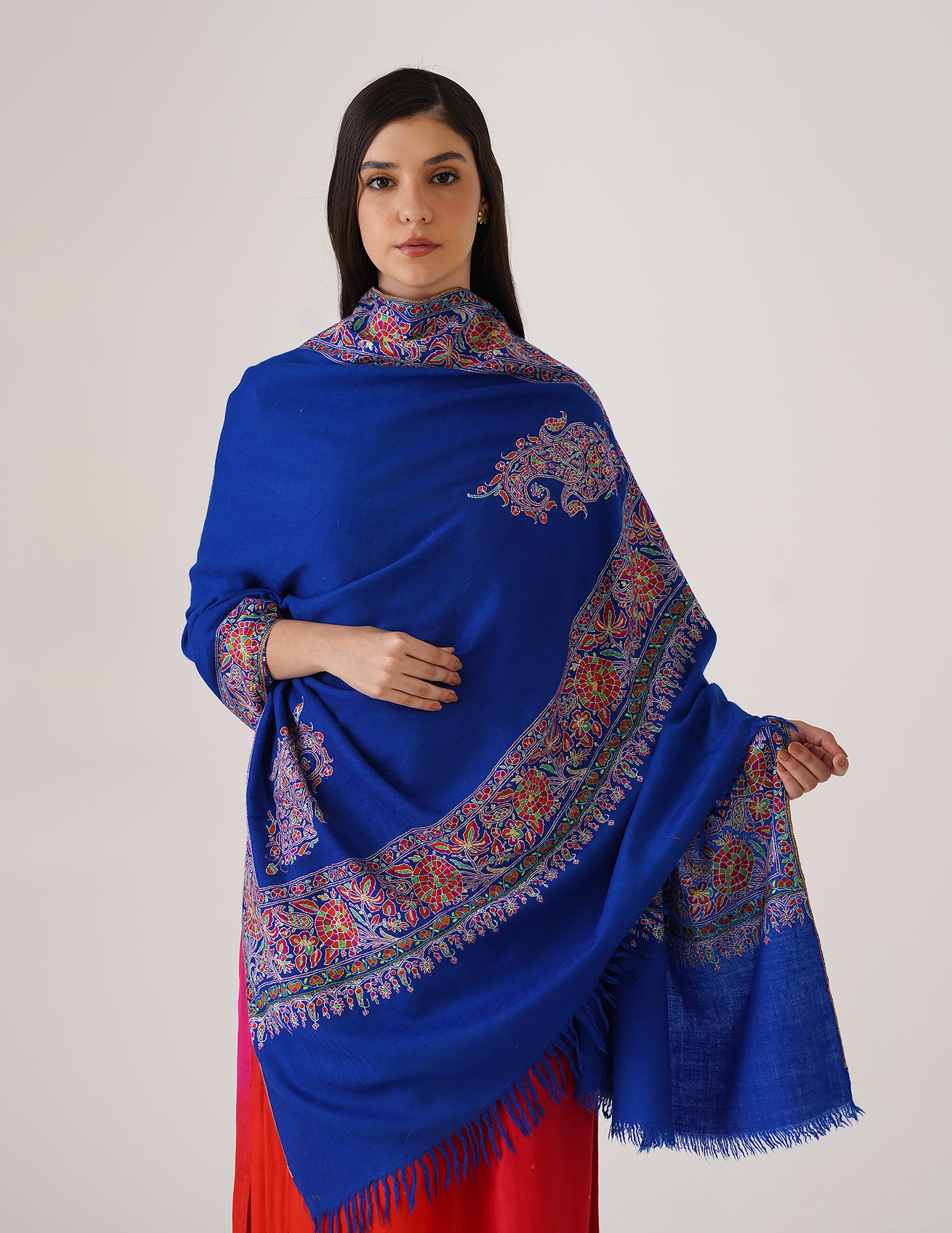 Kashmiri Handwoven Pashmina Sozni Shawl Doredaar – Blue | Handwoven Heritage | GI Certified - Kashmir Box