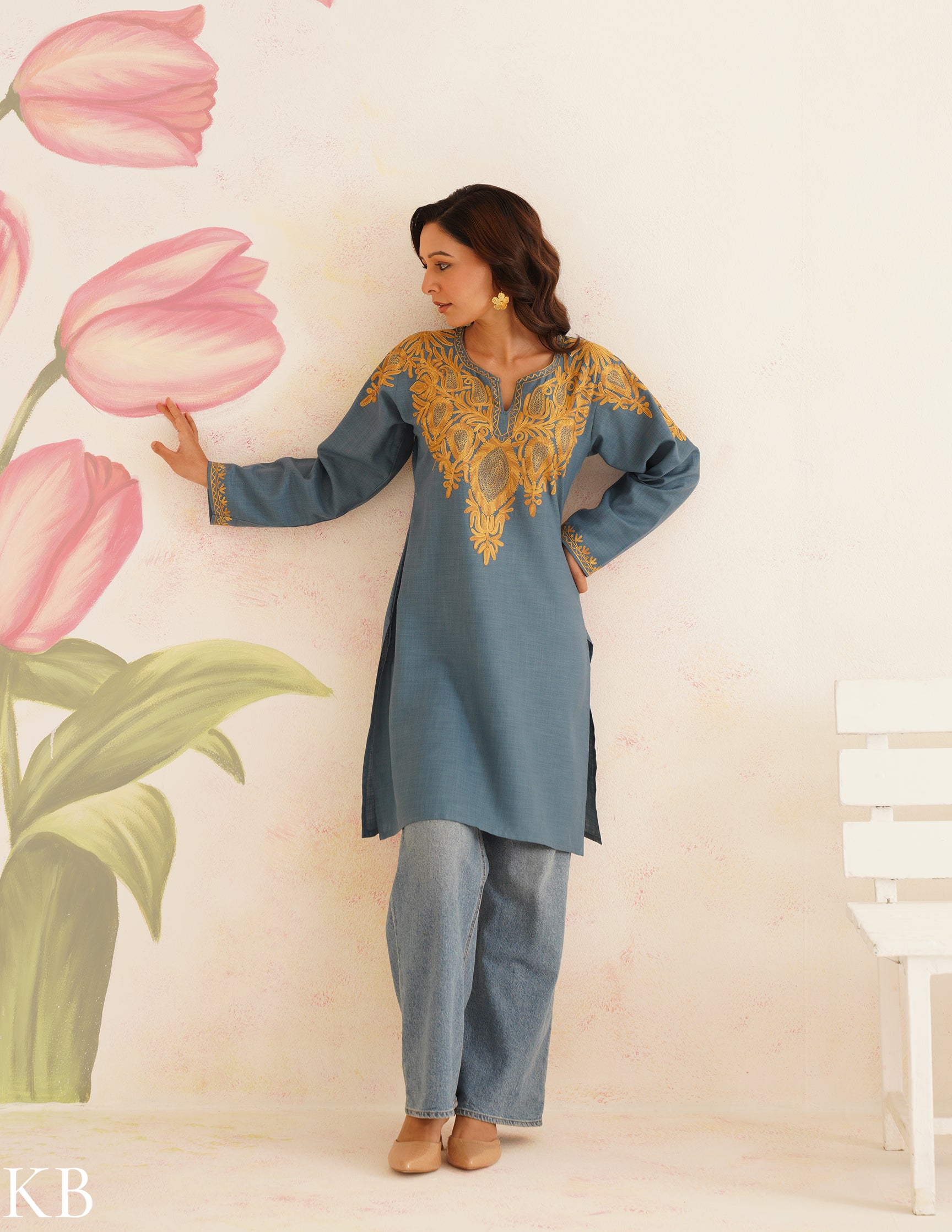 Teal Blue Cotton Kurti with Golden Kashmiri Aari Embroidery | AM to PM Wear | Bahaar Collection 2025 - Kashmir Box