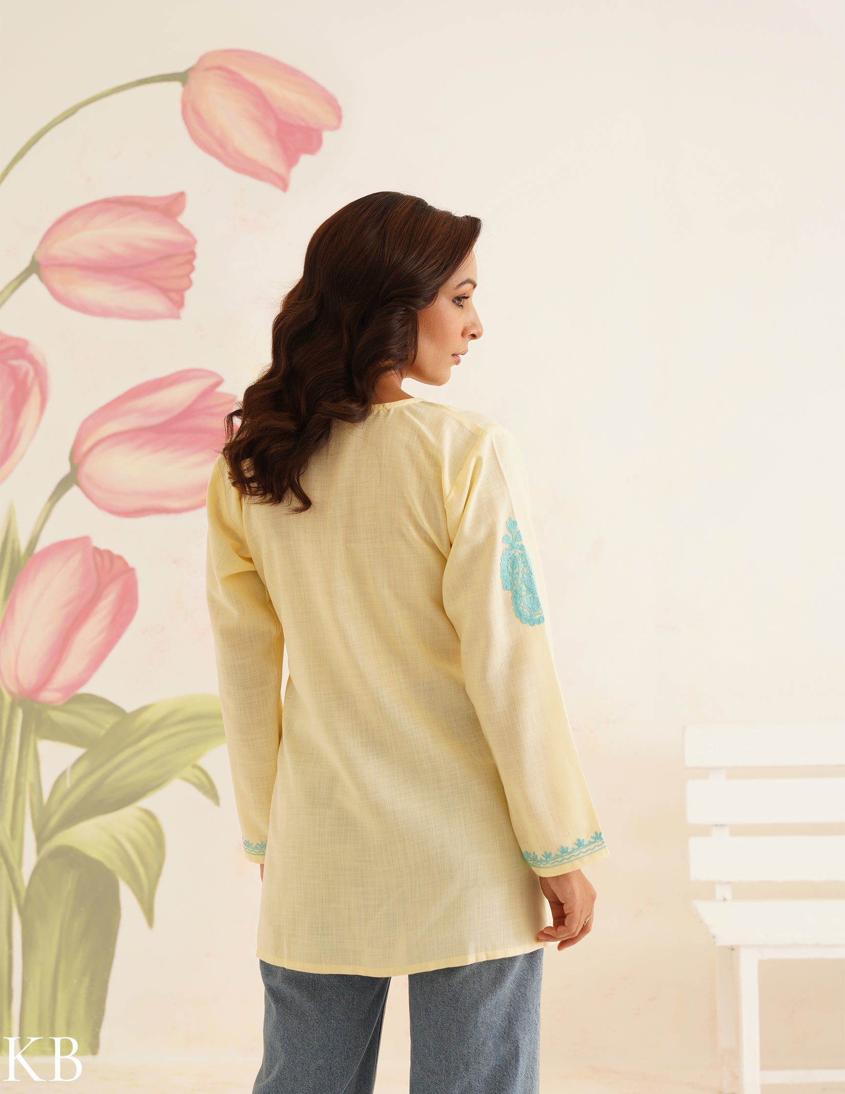 Spring Sunshine Lemon Yellow Cotton Kurti with Turquoise Kashmiri Aari Embroidery | Bahaar Collection 2025 - Kashmir Box