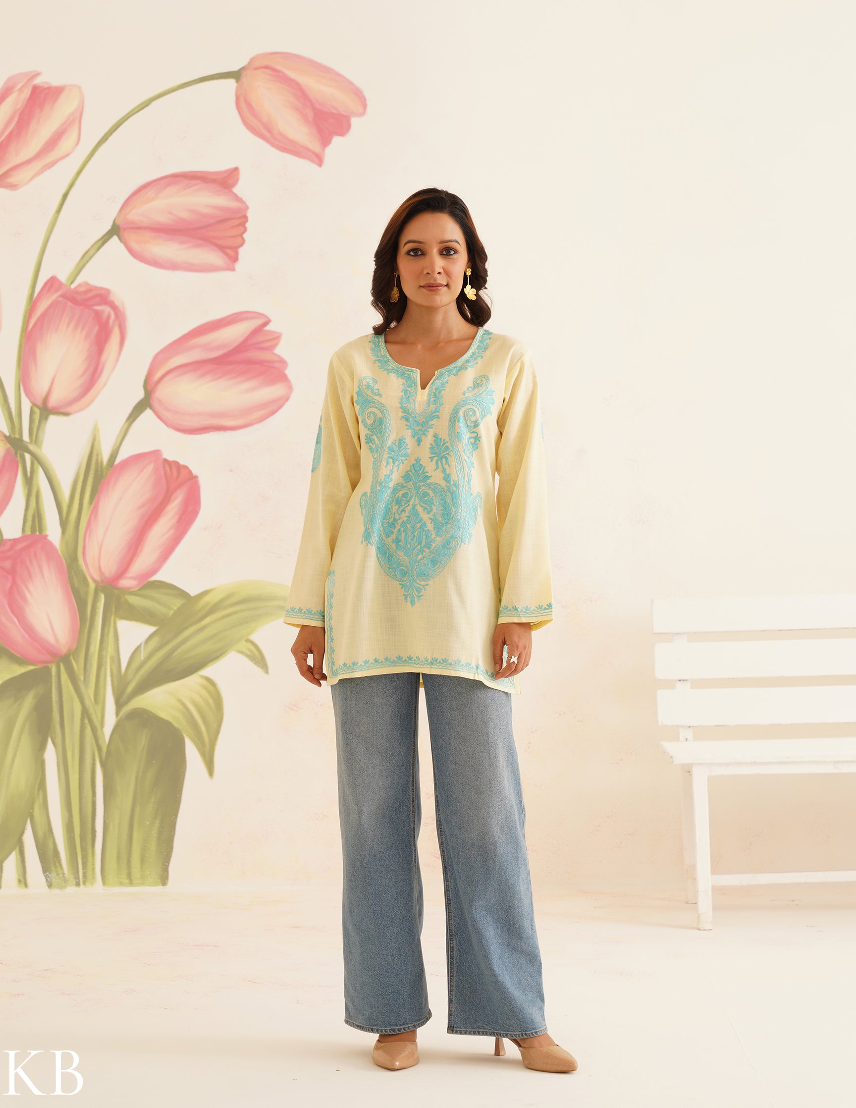 Spring Sunshine Lemon Yellow Cotton Kurti with Turquoise Kashmiri Aari Embroidery | Bahaar Collection 2025 - Kashmir Box