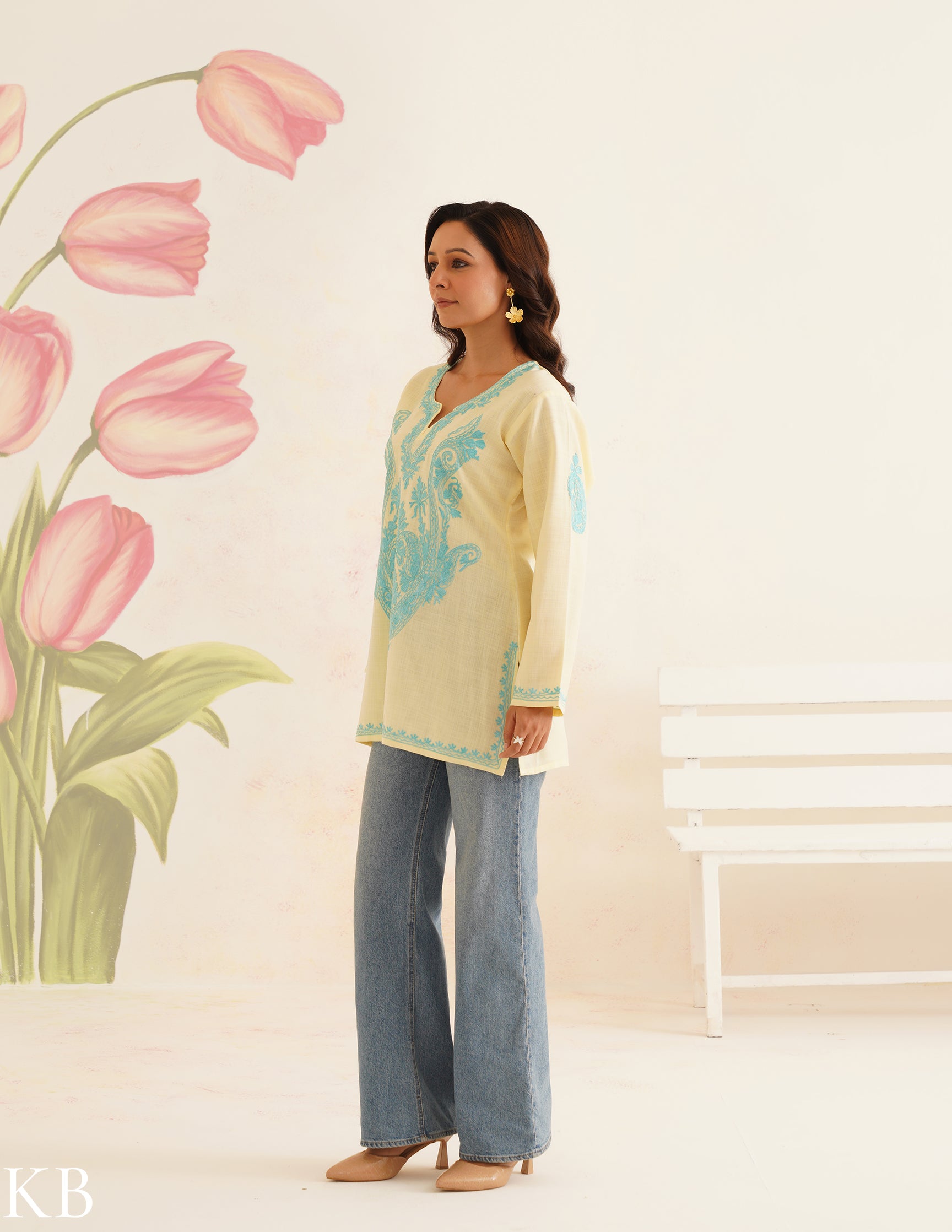 Spring Sunshine Lemon Yellow Cotton Kurti with Turquoise Kashmiri Aari Embroidery | Bahaar Collection 2025 - Kashmir Box