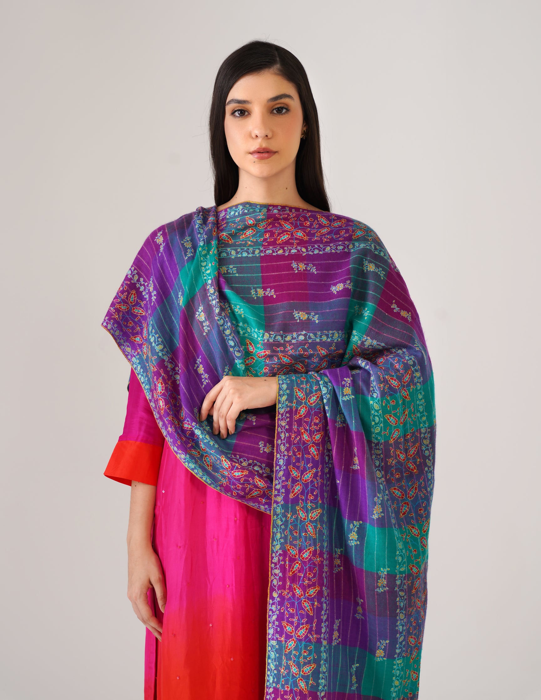 Kashmiri Handwoven Pashmina Sozni Stole Modern Checkered – Natural Undyed | Handwoven Heritage (Copy) - Kashmir Box