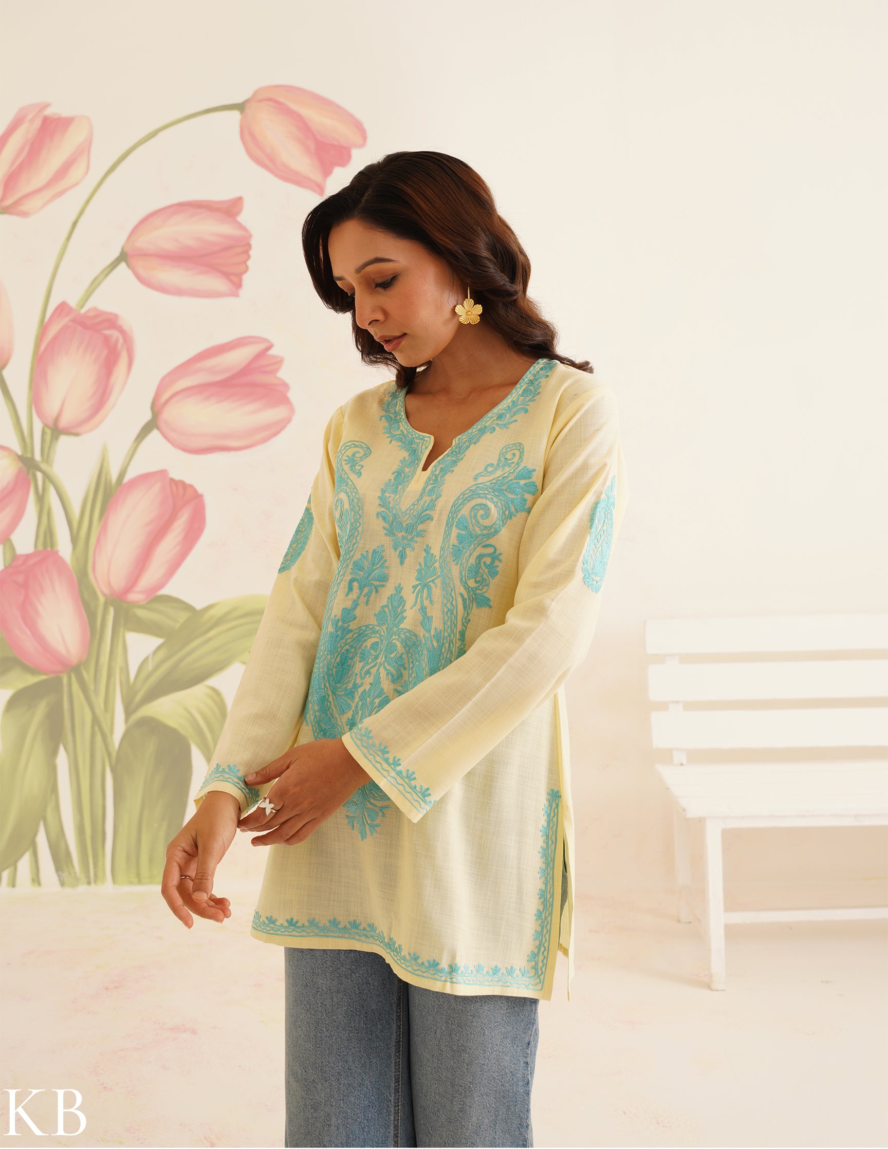 Spring Sunshine Lemon Yellow Cotton Kurti with Turquoise Kashmiri Aari Embroidery | Bahaar Collection 2025 - Kashmir Box