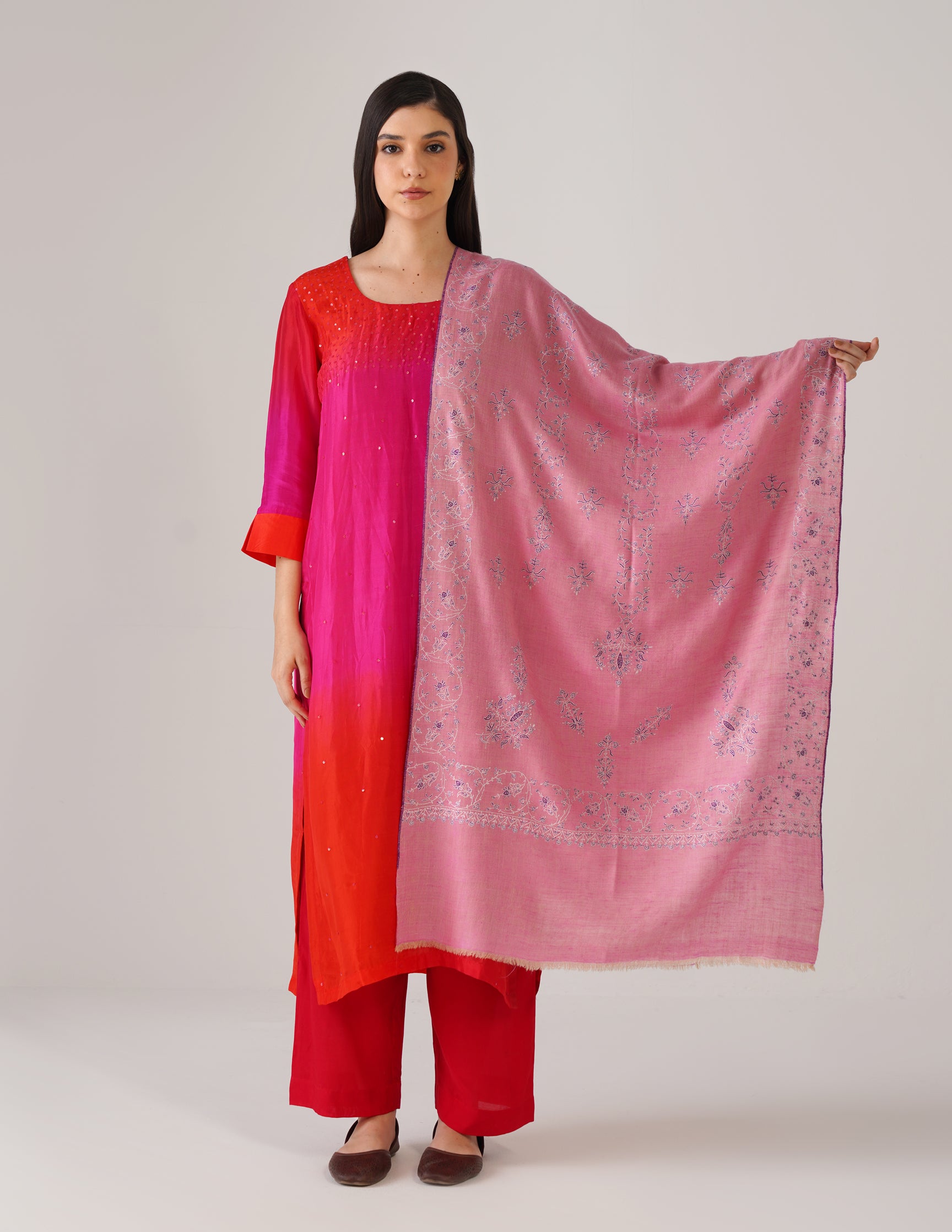 Kashmiri Handwoven Pashmina Sozni Stole Modern Design – Pink | Handwoven Heritage - Kashmir Box