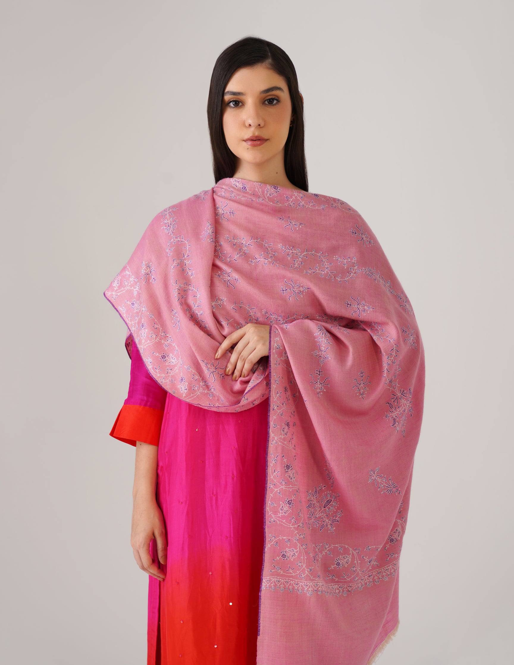 Kashmiri Handwoven Pashmina Sozni Stole Modern Design – Pink | Handwoven Heritage - Kashmir Box