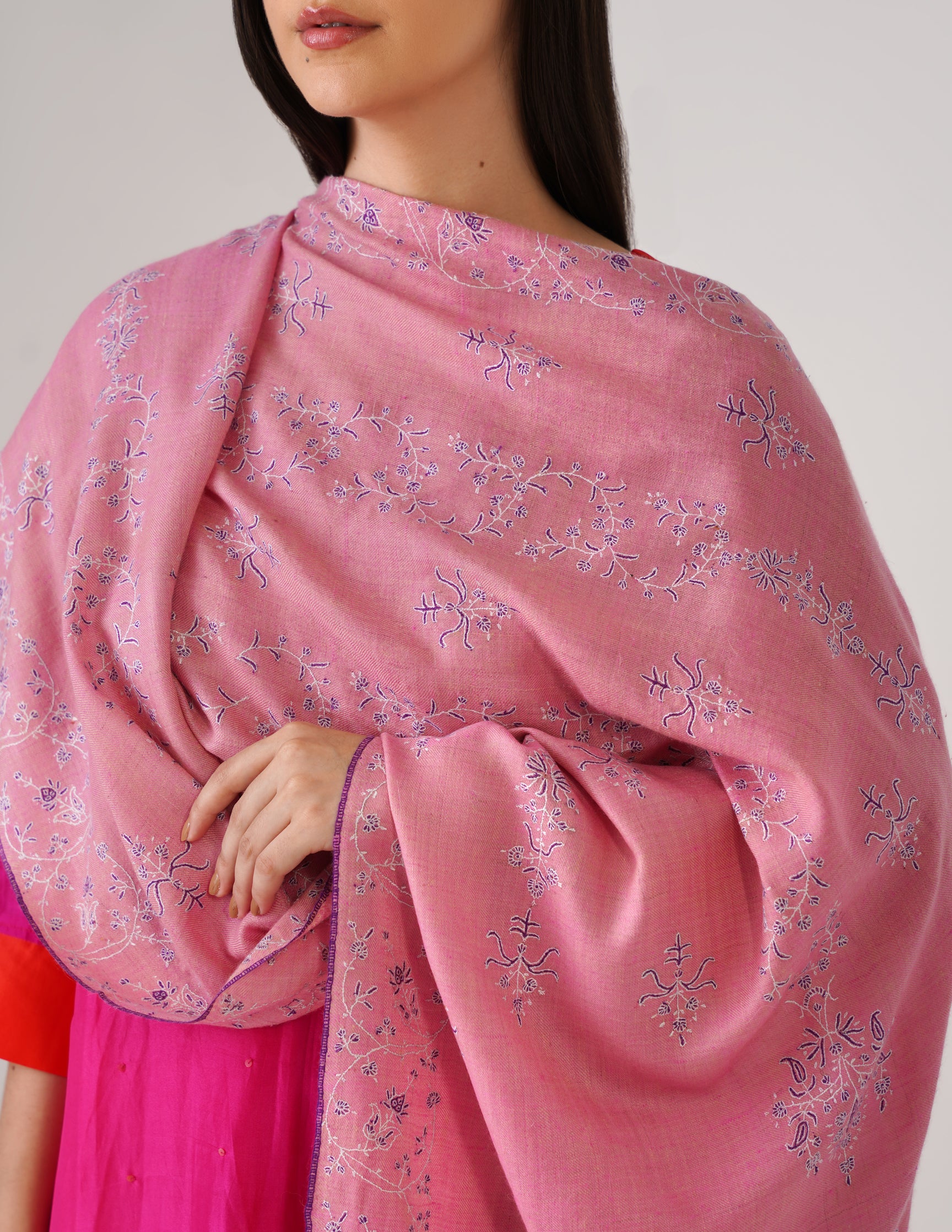 Kashmiri Handwoven Pashmina Sozni Stole Modern Design – Pink | Handwoven Heritage - Kashmir Box