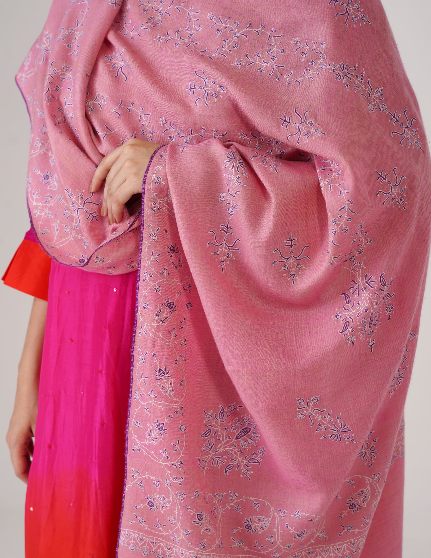 Kashmiri Handwoven Pashmina Sozni Stole Modern Design – Pink | Handwoven Heritage - Kashmir Box