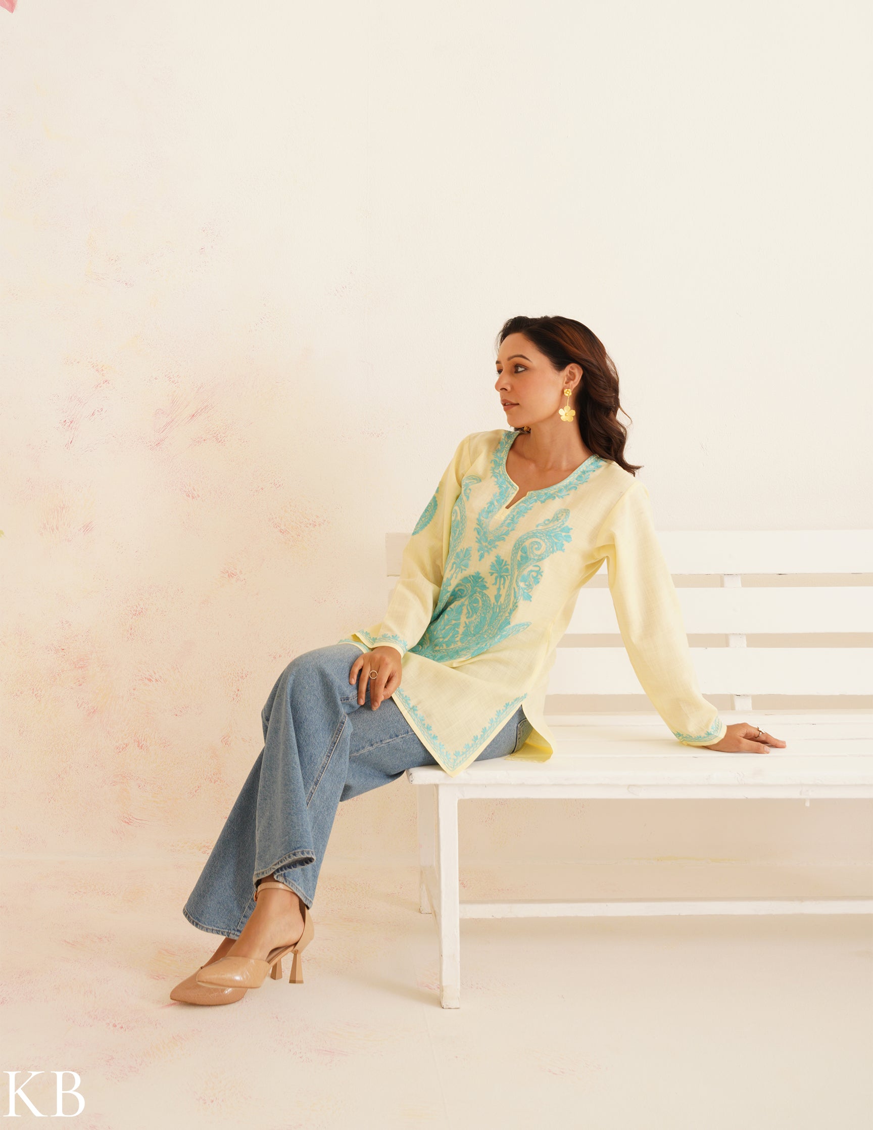 Spring Sunshine Lemon Yellow Cotton Kurti with Turquoise Kashmiri Aari Embroidery | Bahaar Collection 2025 - Kashmir Box