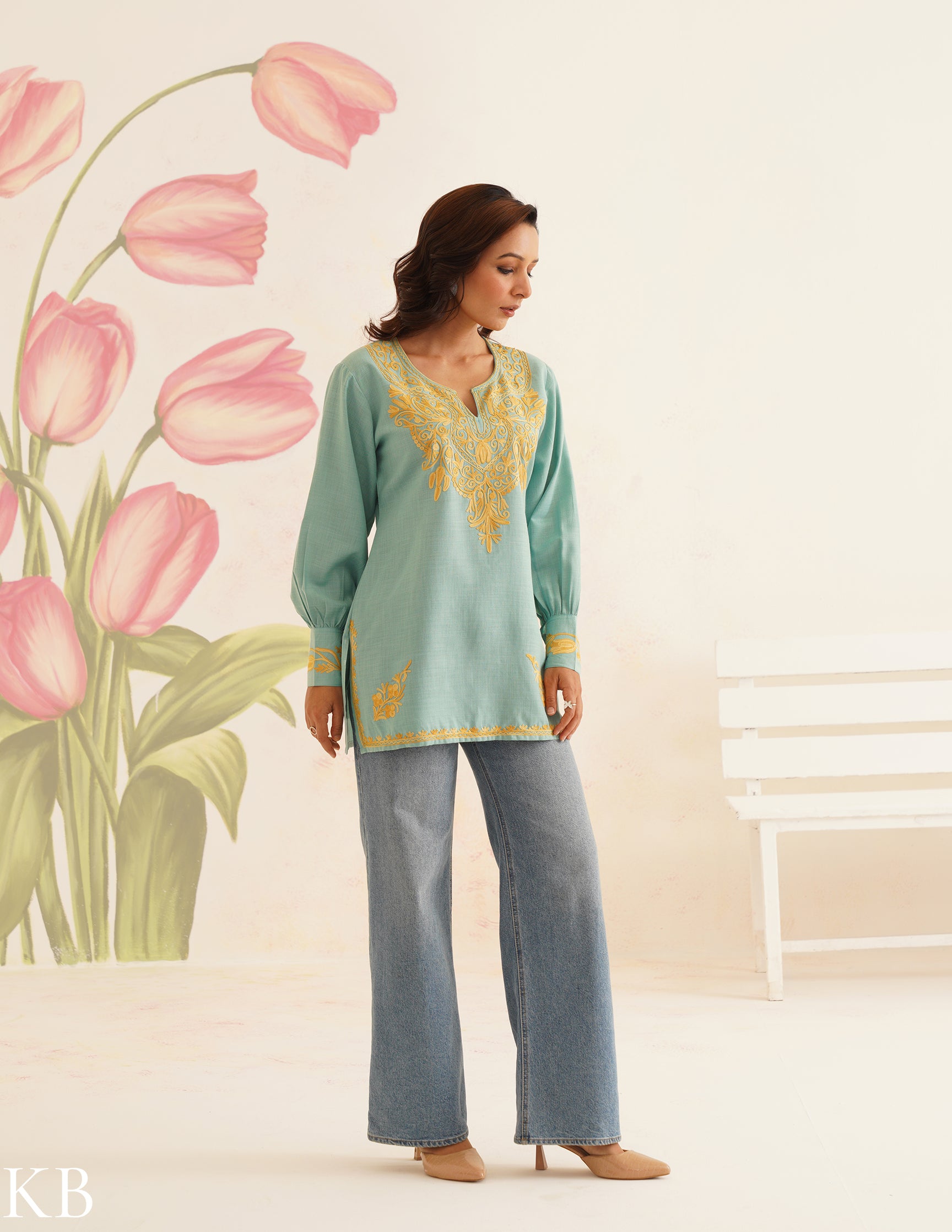 Sea Green Kurti with Golden Aari Embroidery | Bahaar Collection 2025 - Kashmir Box