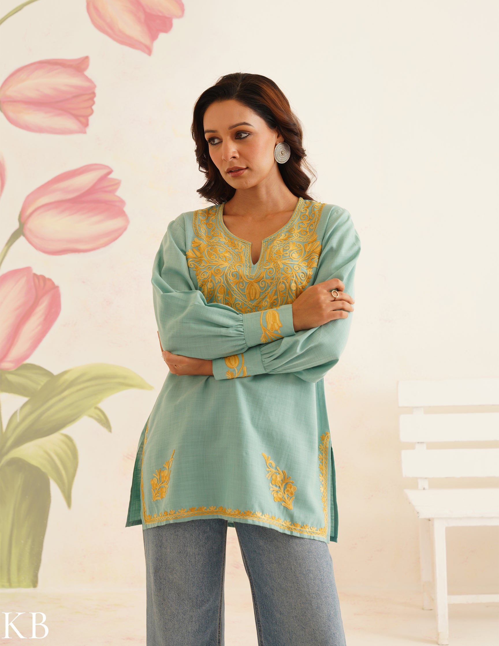 Sea Green Kurti with Golden Aari Embroidery | Bahaar Collection 2025 - Kashmir Box