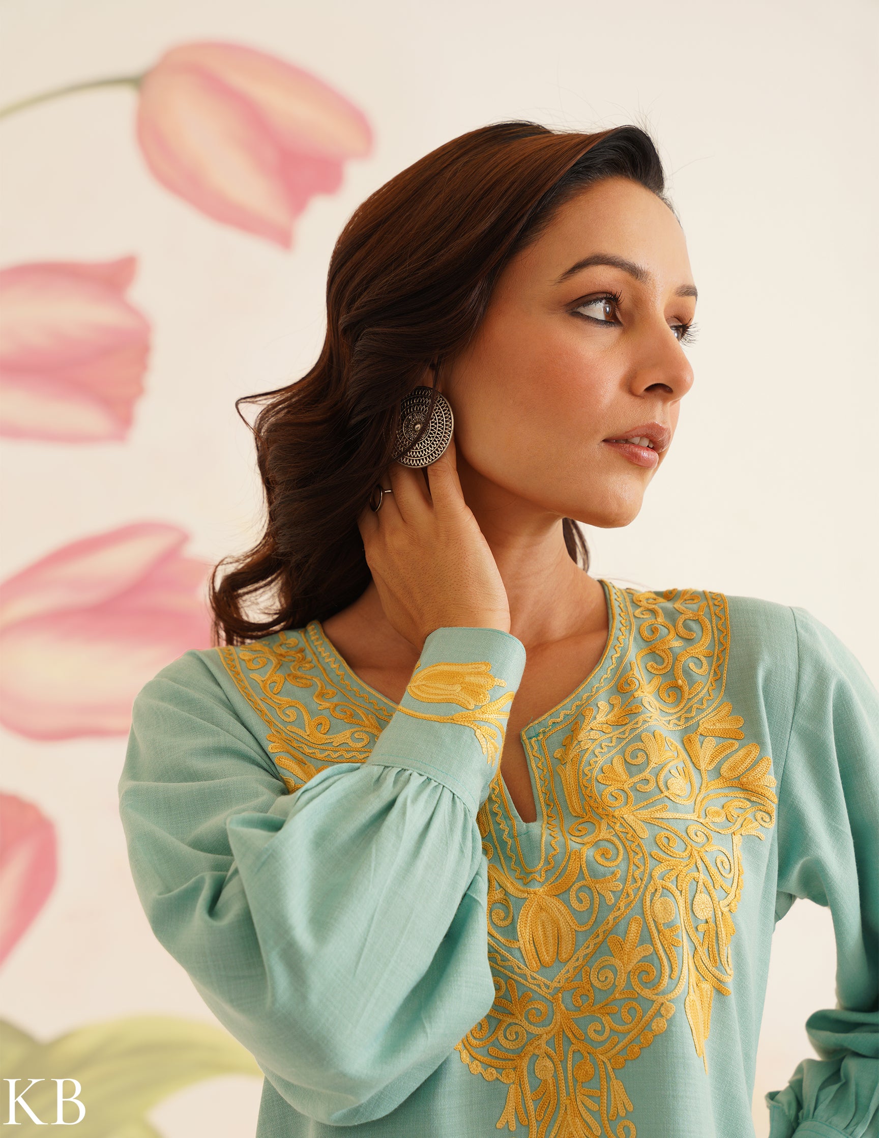 Sea Green Kurti with Golden Aari Embroidery | Bahaar Collection 2025 - Kashmir Box