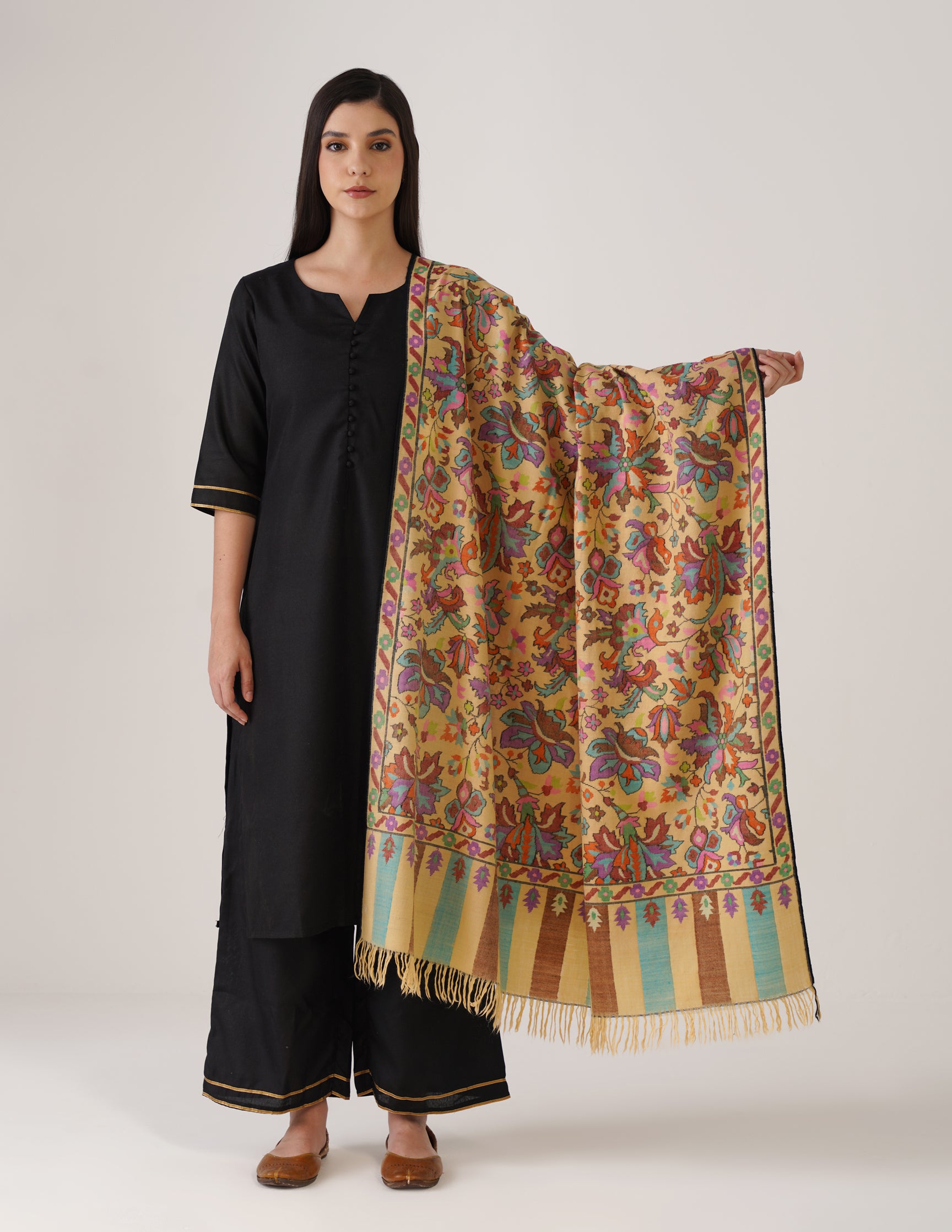 Kashmiri Handwoven Kani Embroidered Pashmina Shawl – Golden Beige | Kalamkari Heritage - Kashmir Box