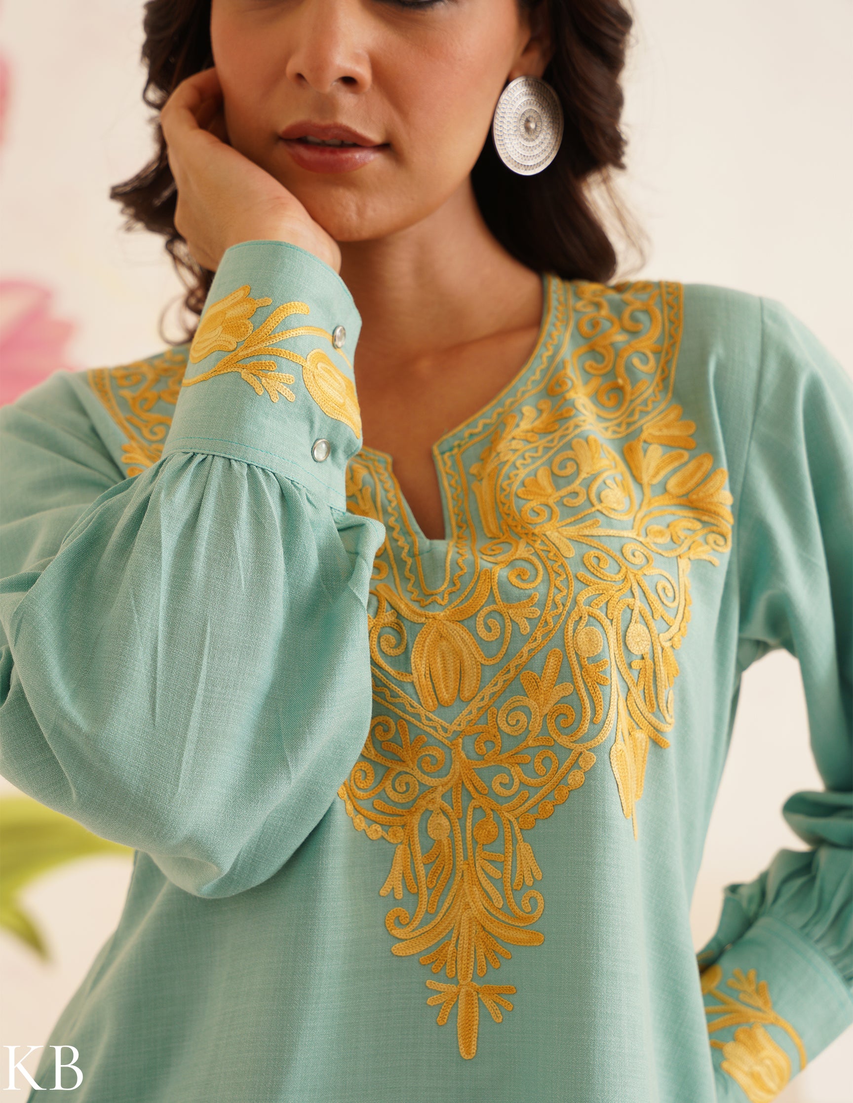 Sea Green Kurti with Golden Aari Embroidery | Bahaar Collection 2025 - Kashmir Box