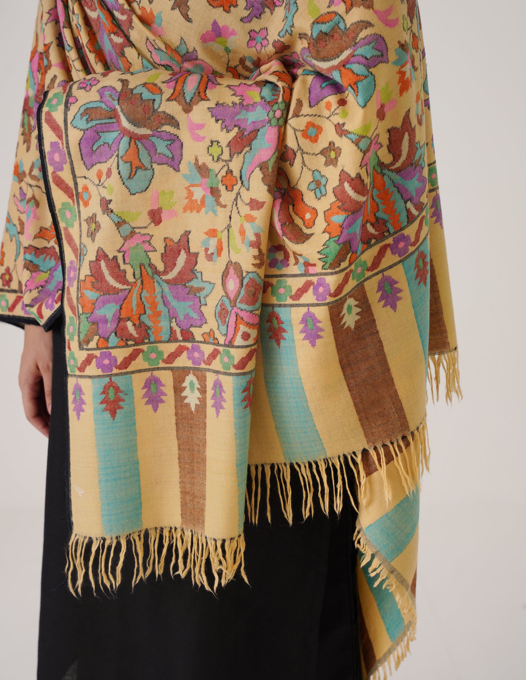 Kashmiri Handwoven Kani Embroidered Pashmina Shawl – Golden Beige | Kalamkari Heritage - Kashmir Box