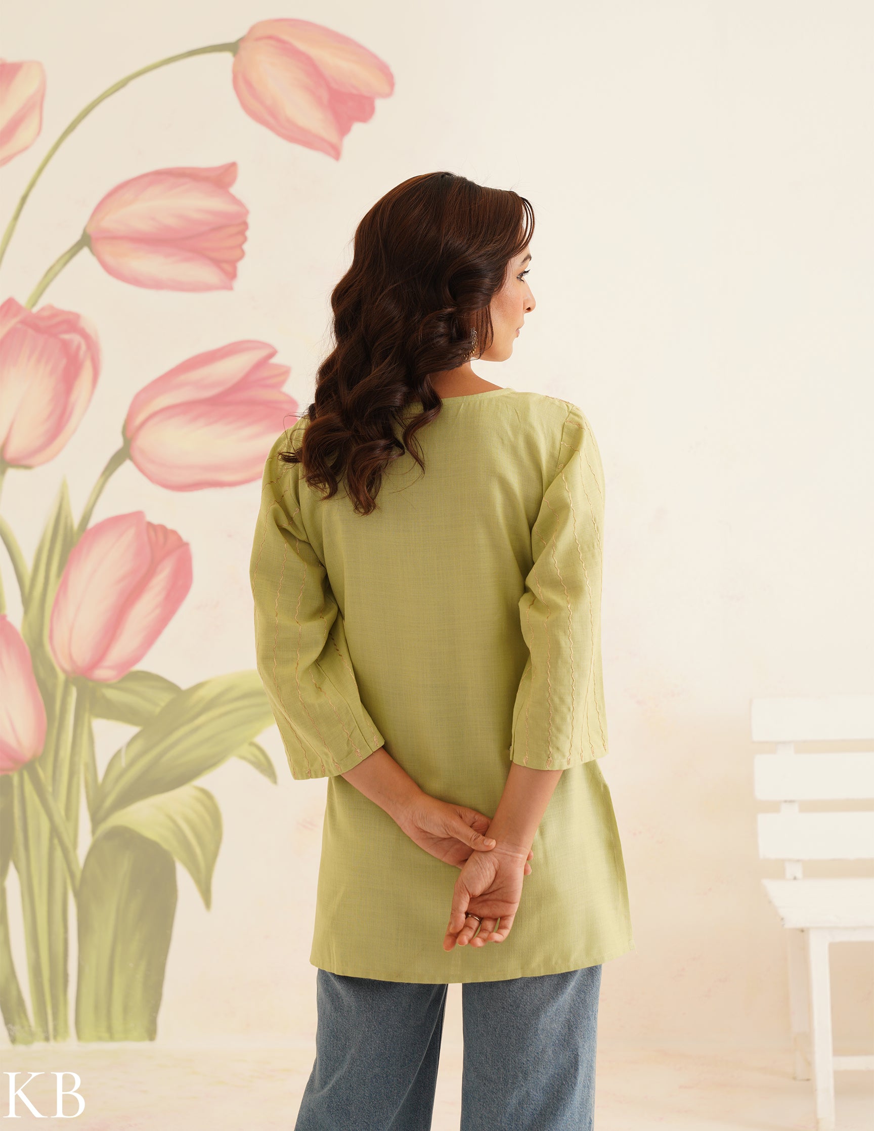 Light Green Kurti with Golden Zari Embroidery | Bahaar Collection 2025 - Kashmir Box