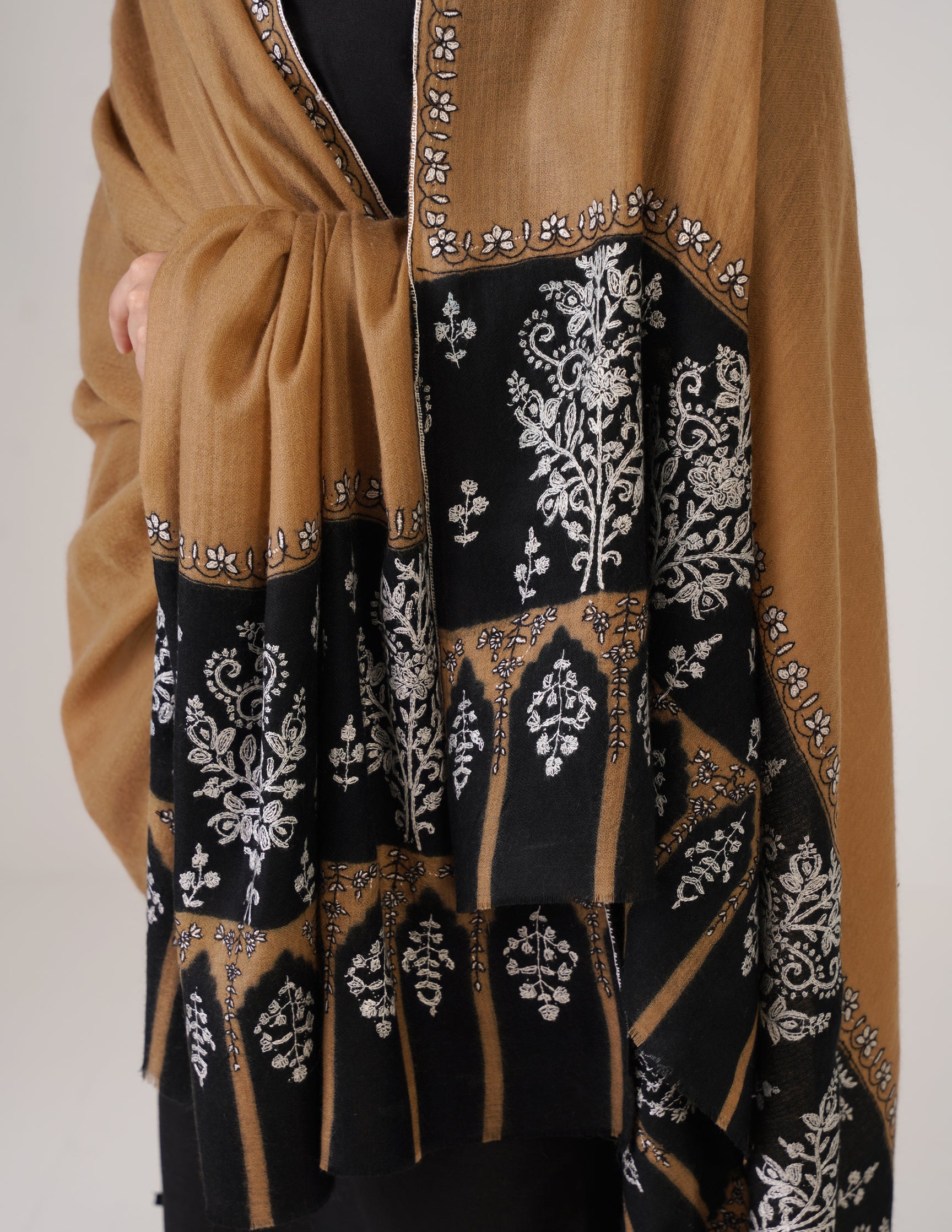 Kashmiri Handwoven Pashmina Sozni Shawl Modern Design – Black & Brown | Handwoven Heritage - Kashmir Box